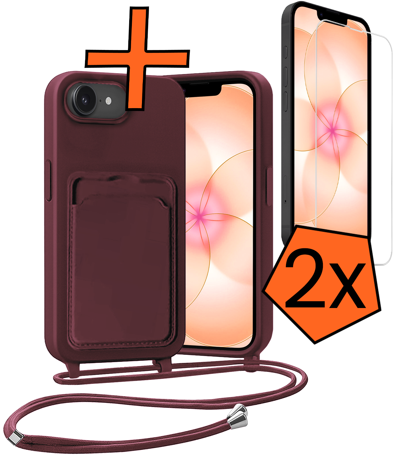Nomfy Nomfy iPhone 17e Hoesje Pashouder met Koord Met 2x Screenprotector - Aubergine