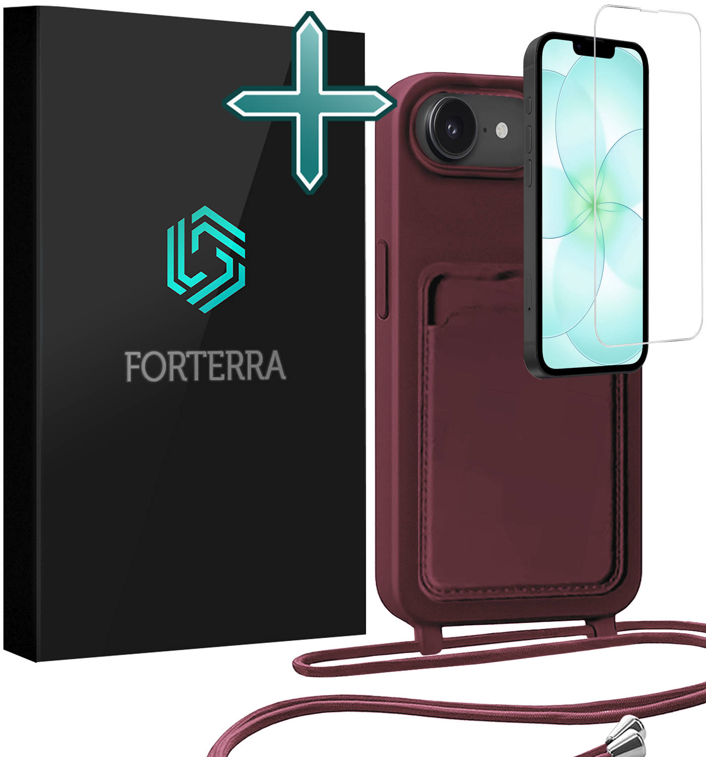 Forterra Forterra iPhone 17e Hoesje Pashouder met Koord Met Screenprotector - Aubergine