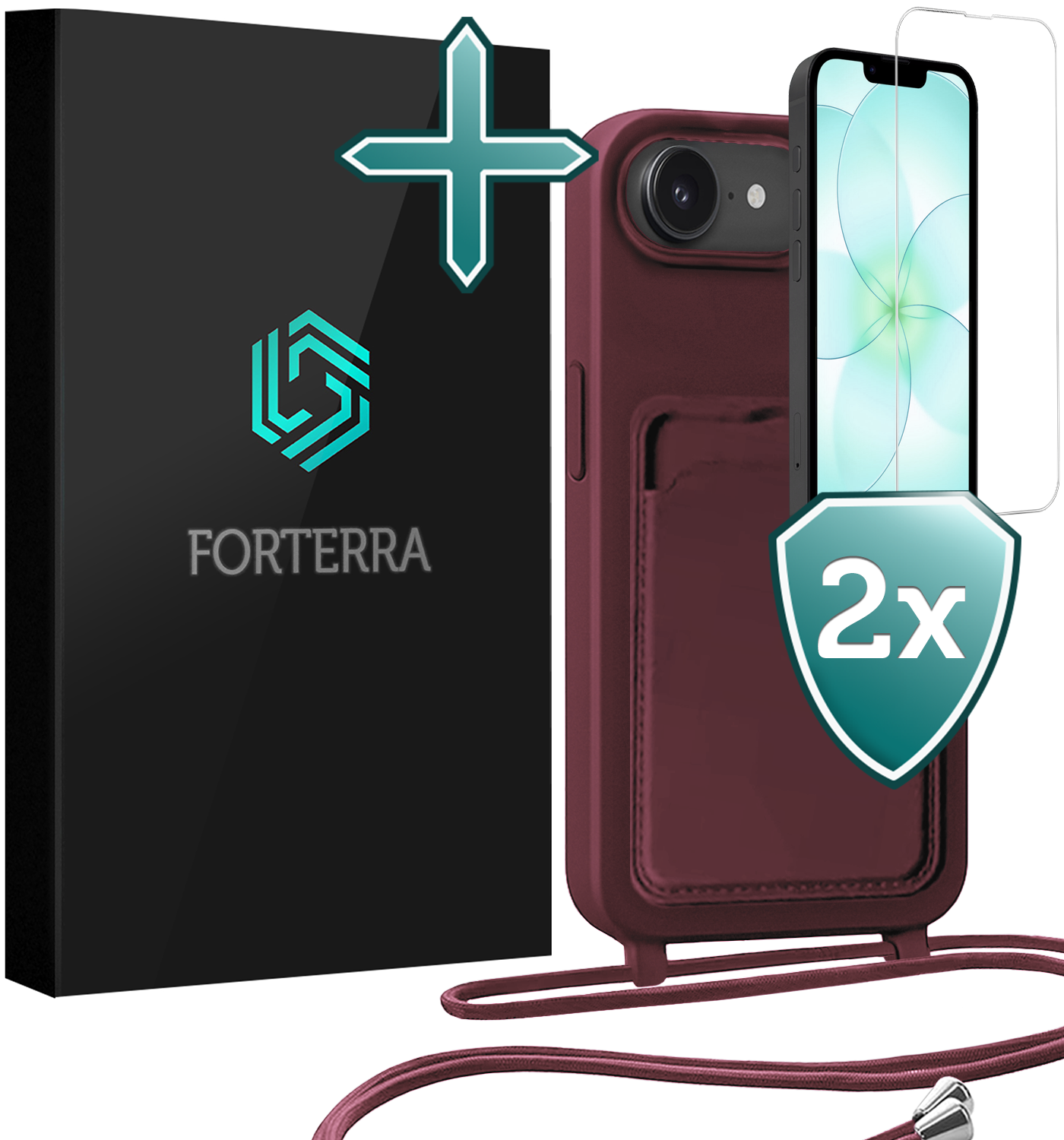 Forterra Forterra iPhone 17e Hoesje Pashouder met Koord Met 2x Screenprotector - Aubergine