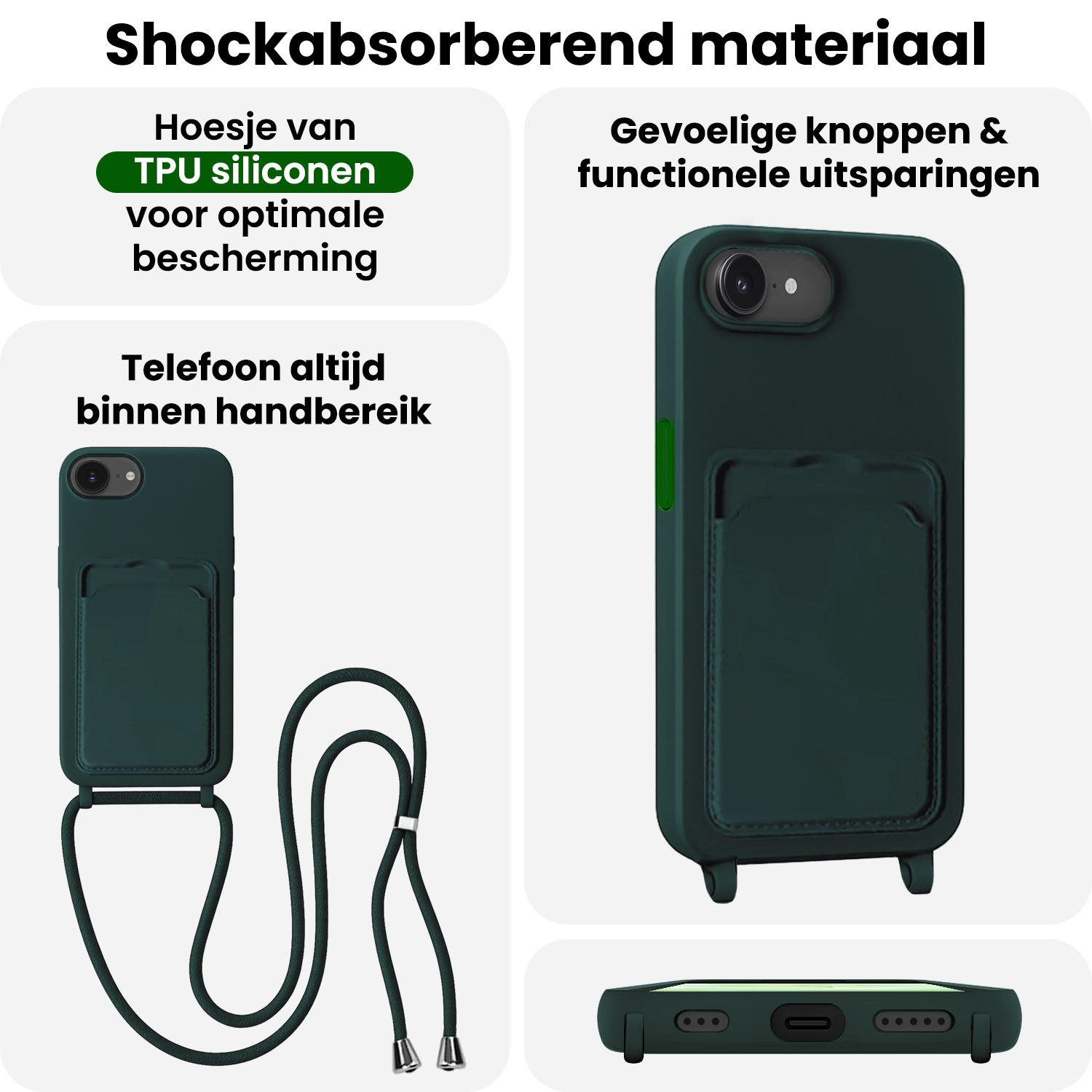 BASEY. BASEY. iPhone 17e Hoesje Pashouder met Koord Met Screenprotector - Donkergroen