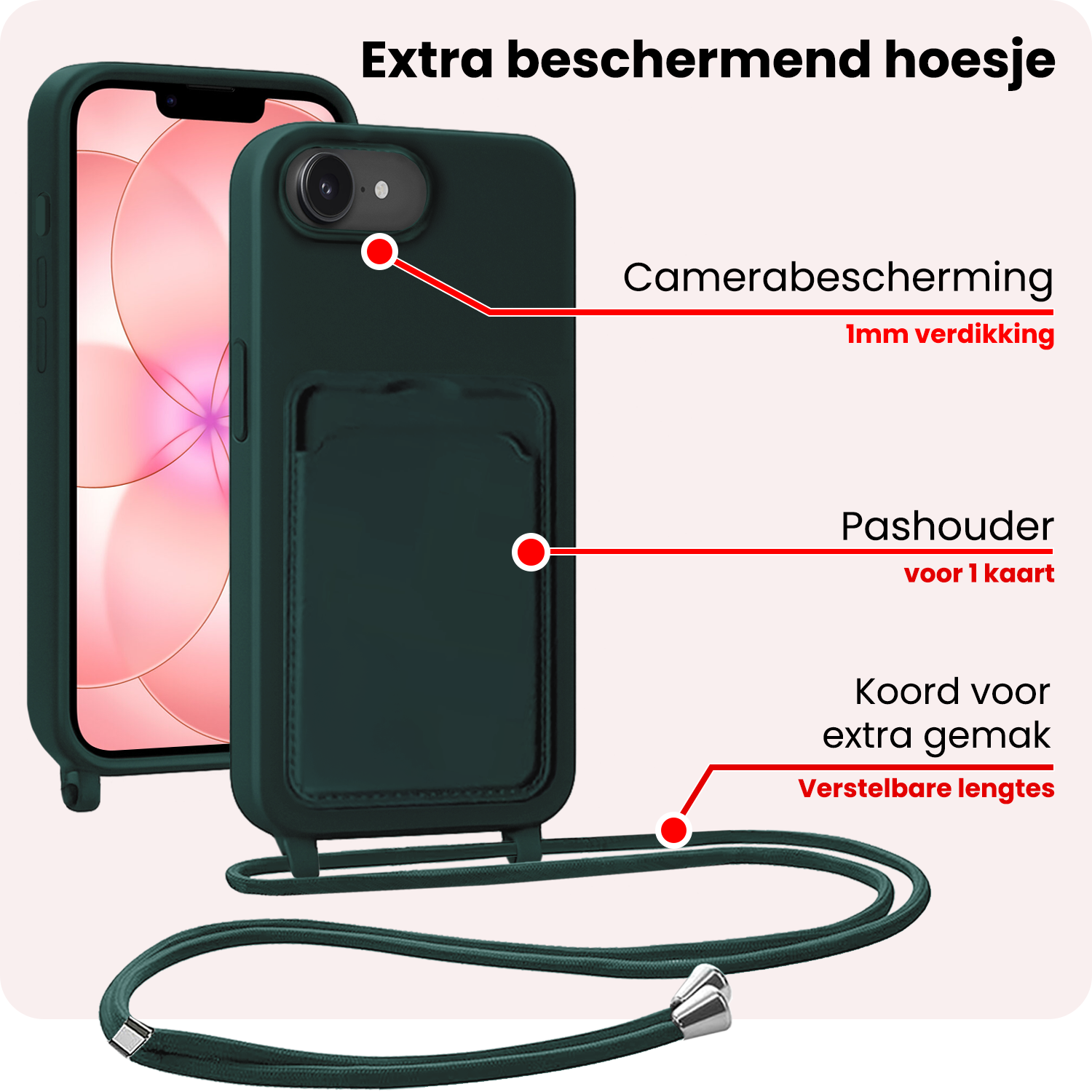 NoXx NoXx iPhone 17e Hoesje Pashouder met Koord - Donkergroen