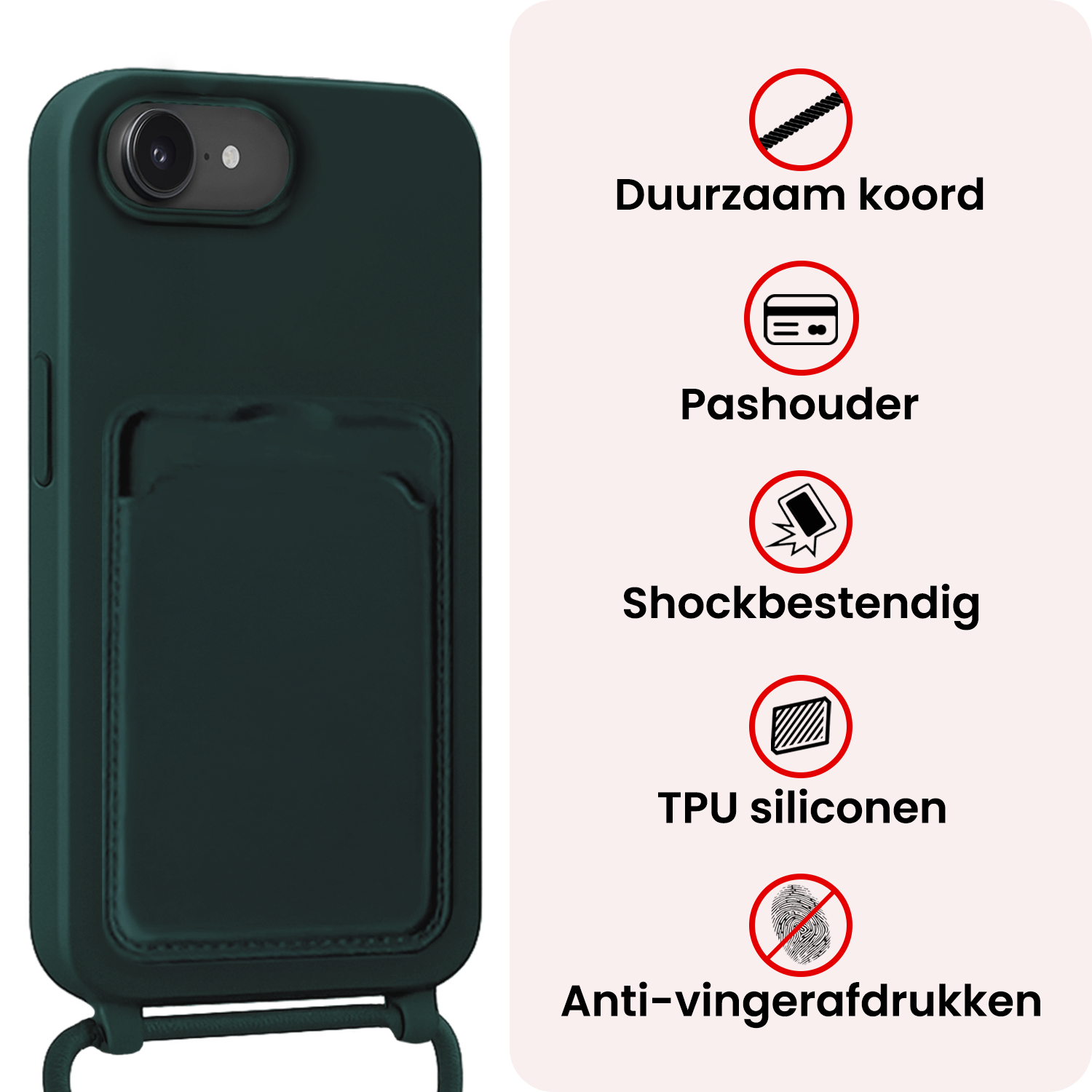 NoXx NoXx iPhone 17e Hoesje Pashouder met Koord Met Screenprotector - Donkergroen