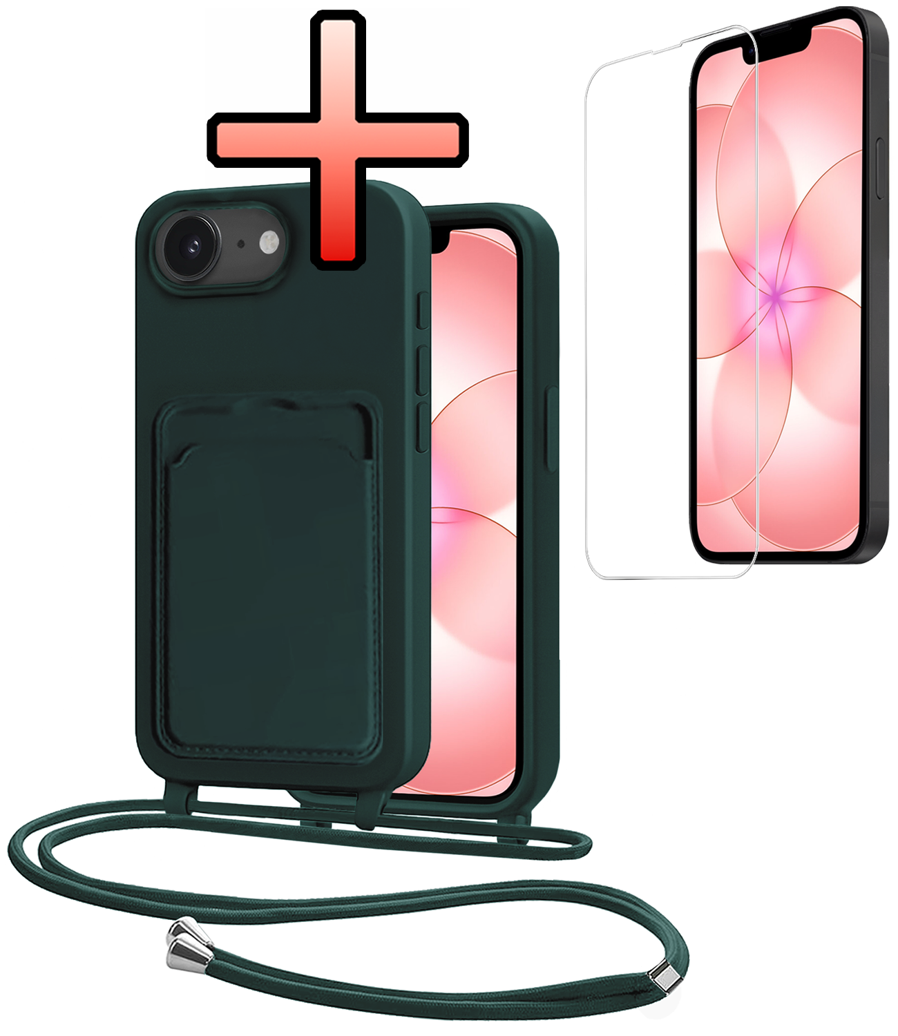 NoXx NoXx iPhone 17e Hoesje Pashouder met Koord Met Screenprotector - Donkergroen