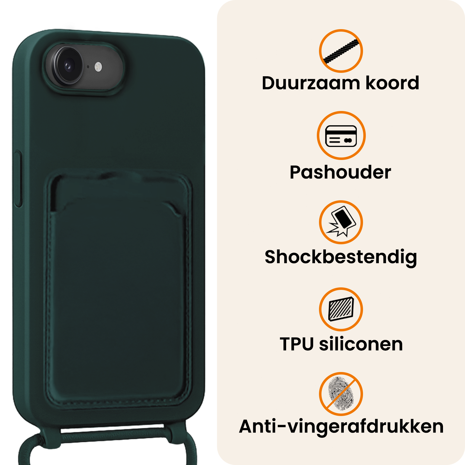 Nomfy Nomfy iPhone 17e Hoesje Pashouder met Koord Met Screenprotector - Donkergroen