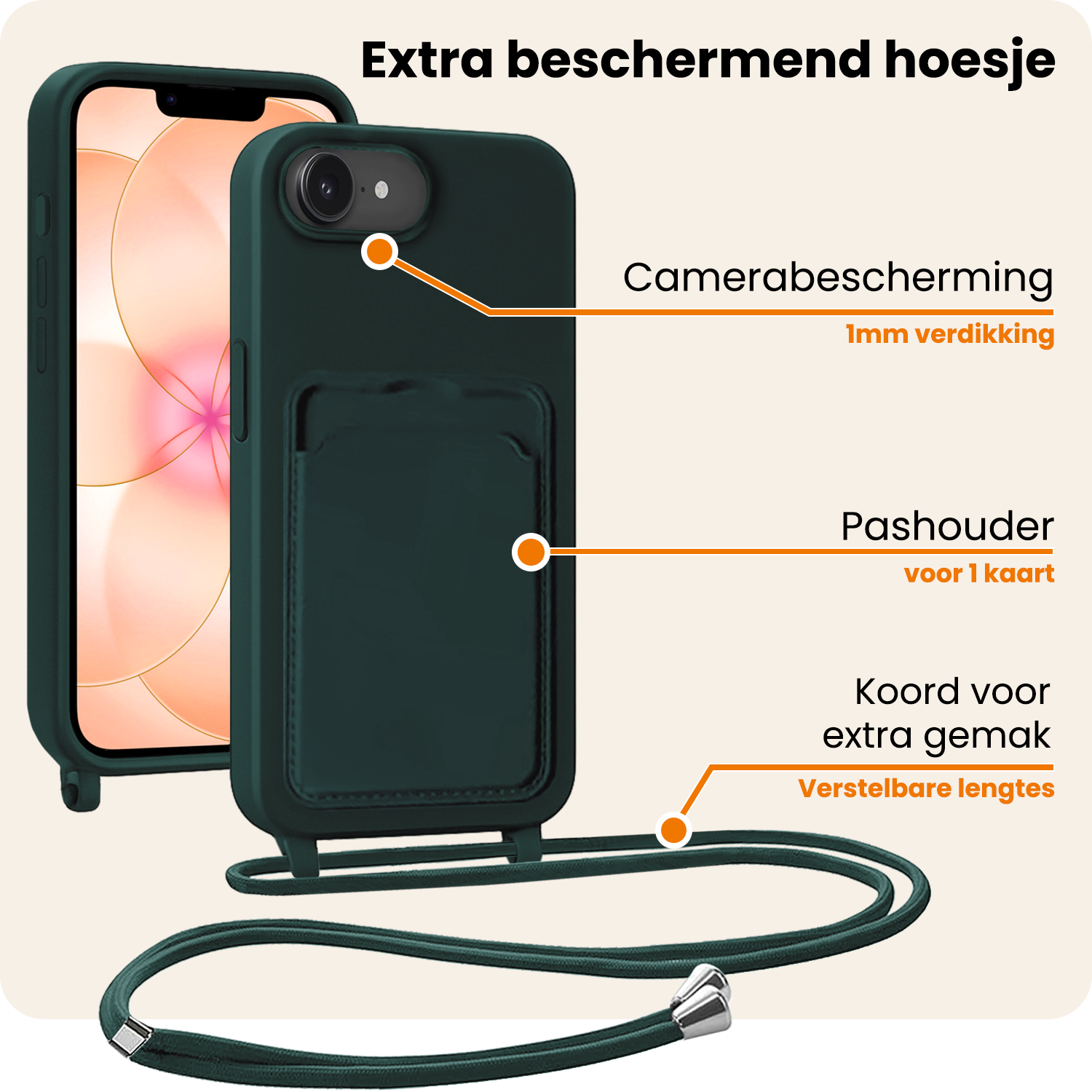 Nomfy Nomfy iPhone 17e Hoesje Pashouder met Koord Met Screenprotector - Donkergroen