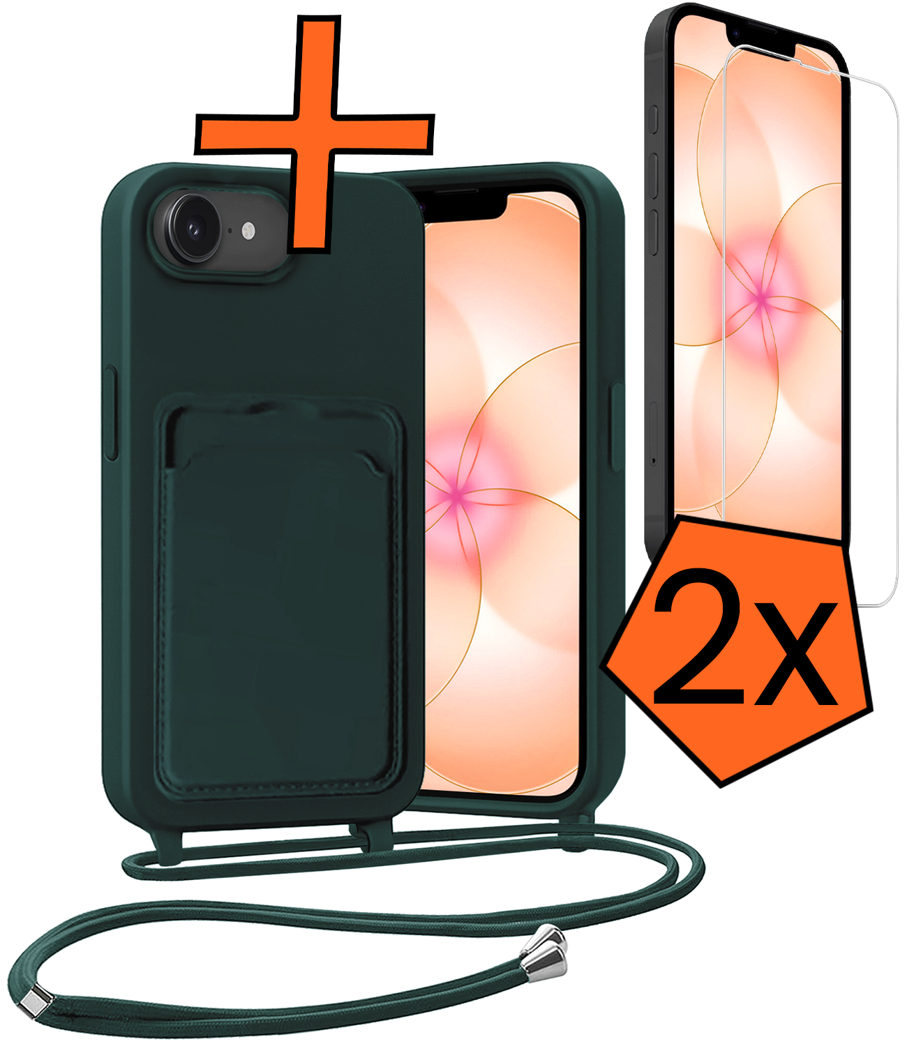 Nomfy Nomfy iPhone 17e Hoesje Pashouder met Koord Met 2x Screenprotector - Donkergroen