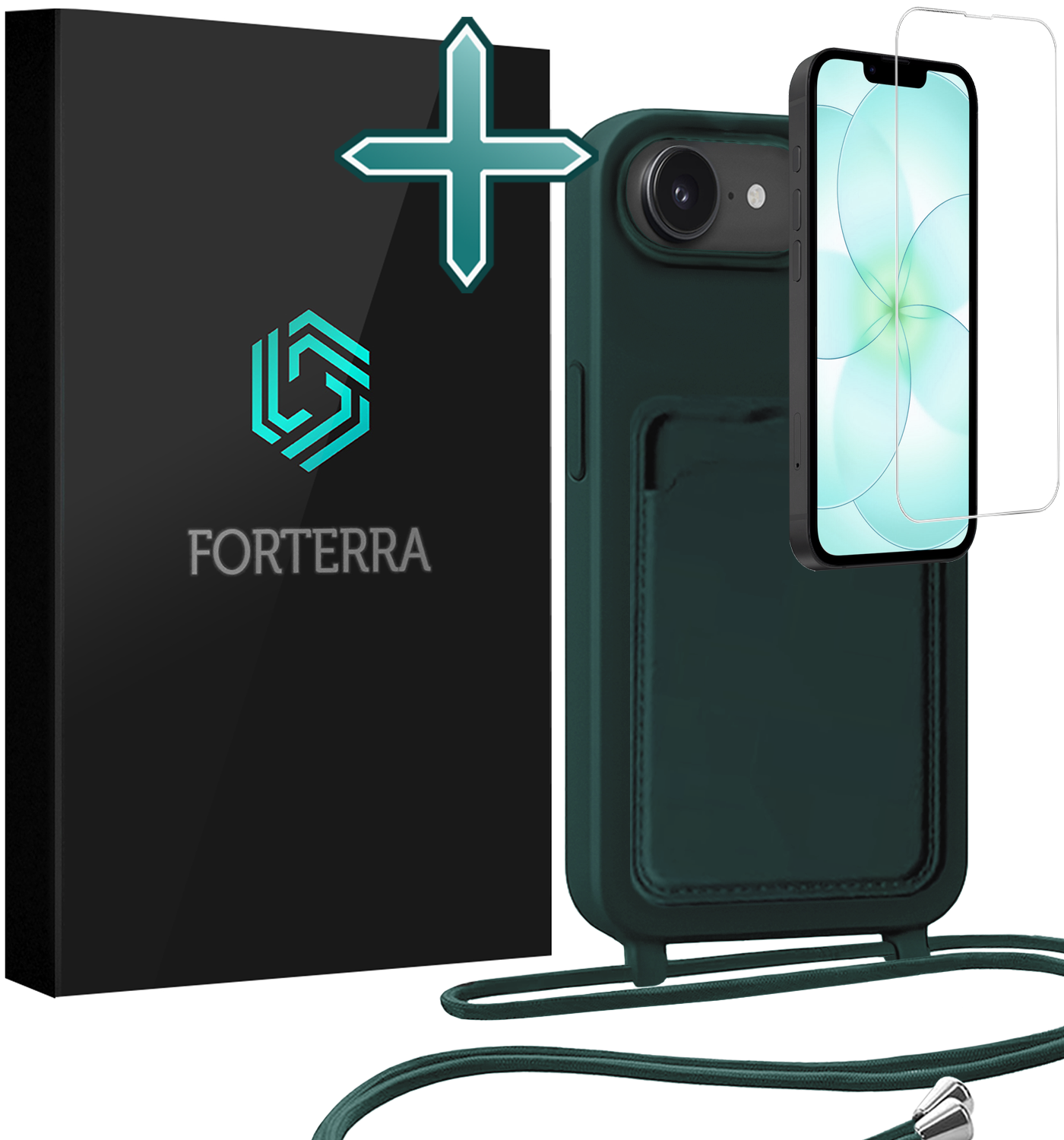 Forterra Forterra iPhone 17e Hoesje Pashouder met Koord Met Screenprotector - Donkergroen