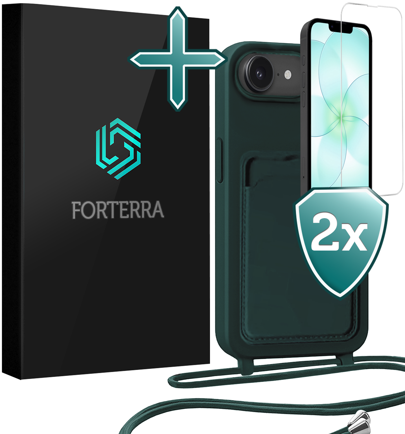 Forterra Forterra iPhone 17e Hoesje Pashouder met Koord Met 2x Screenprotector - Donkergroen