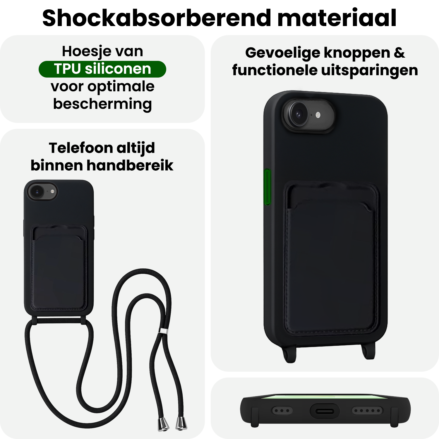 BASEY. BASEY. iPhone 17e Hoesje Pashouder met Koord Met Screenprotector - Zwart