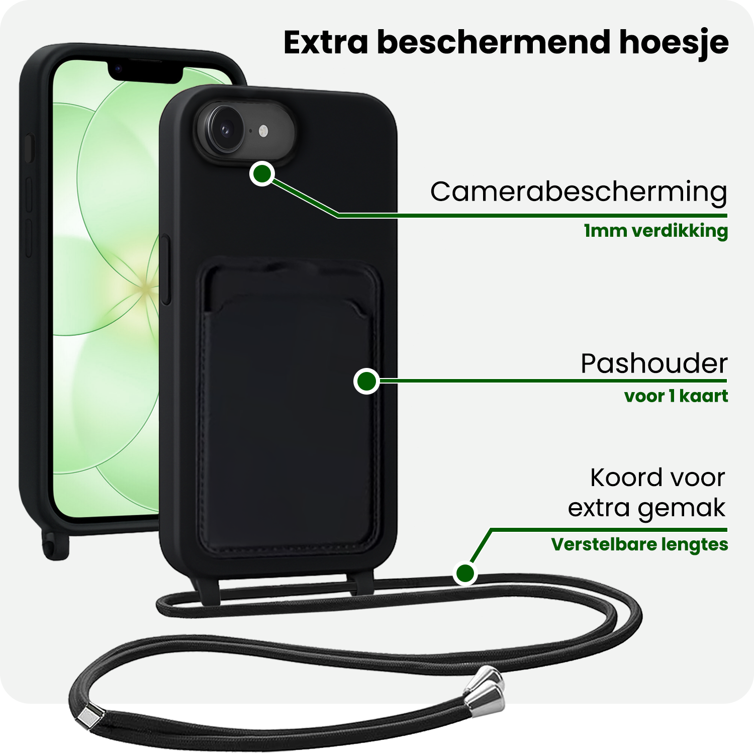 BASEY. BASEY. iPhone 17e Hoesje Pashouder met Koord Met 2x Screenprotector - Zwart