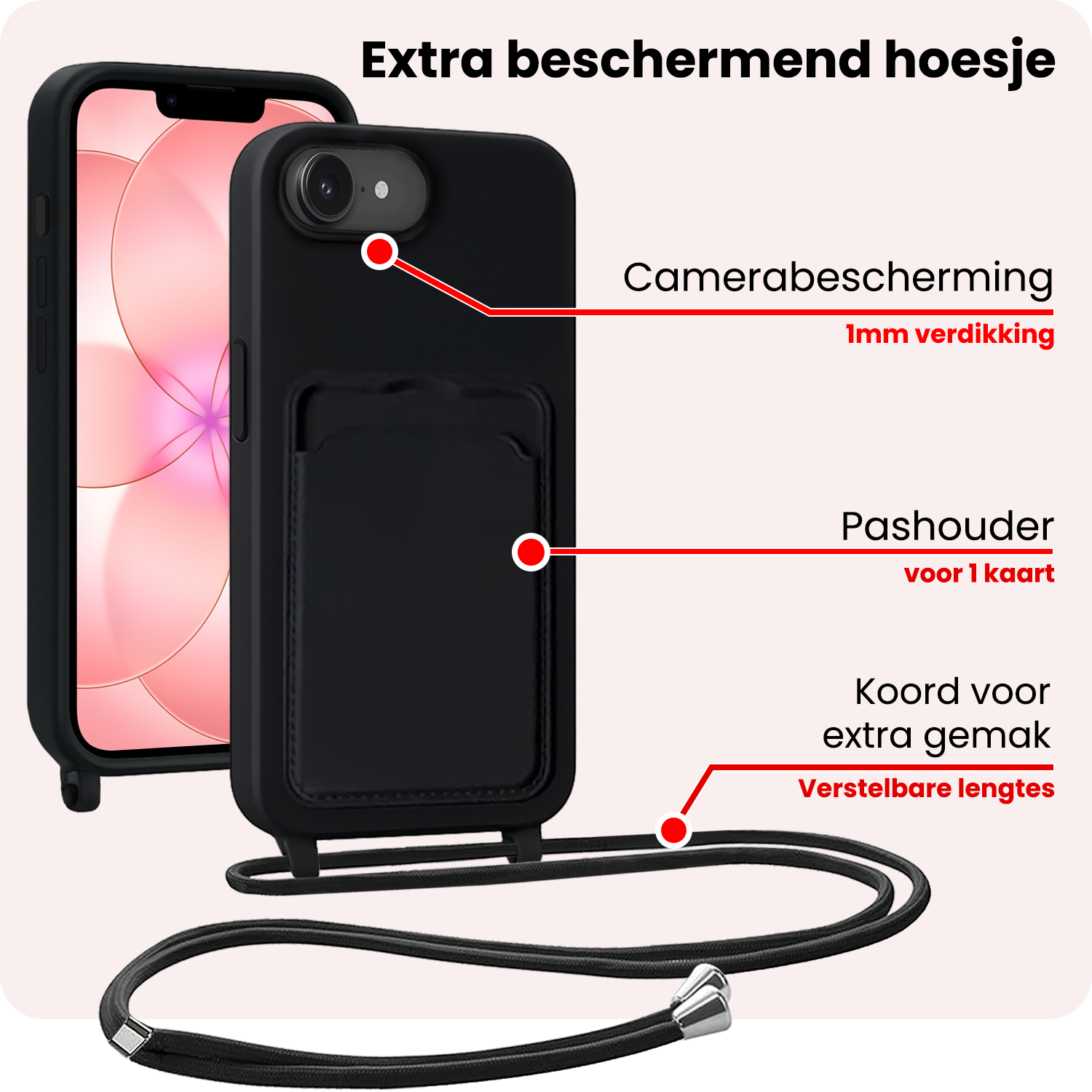 NoXx NoXx iPhone 17e Hoesje Pashouder met Koord - Zwart