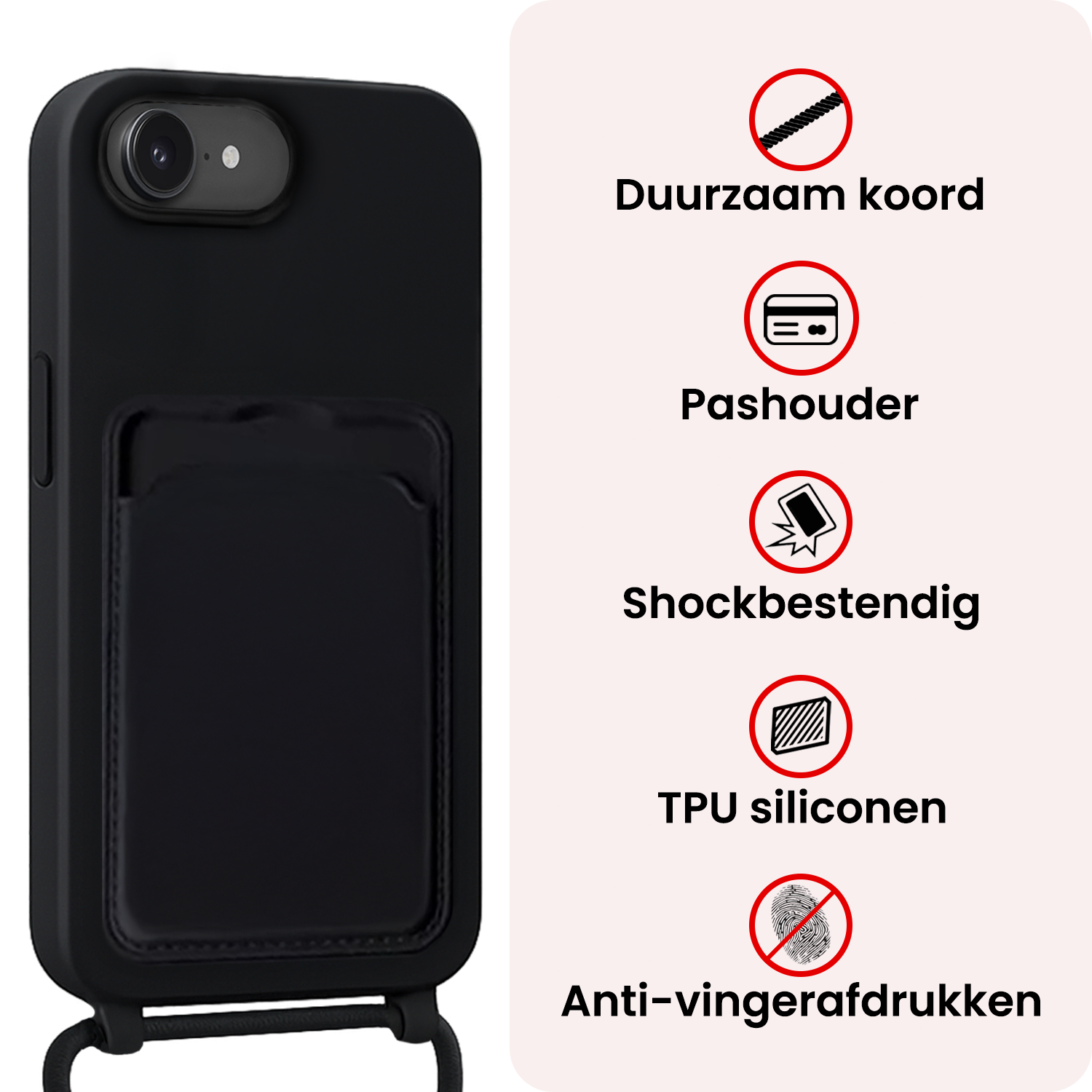 NoXx NoXx iPhone 17e Hoesje Pashouder met Koord Met Screenprotector - Zwart