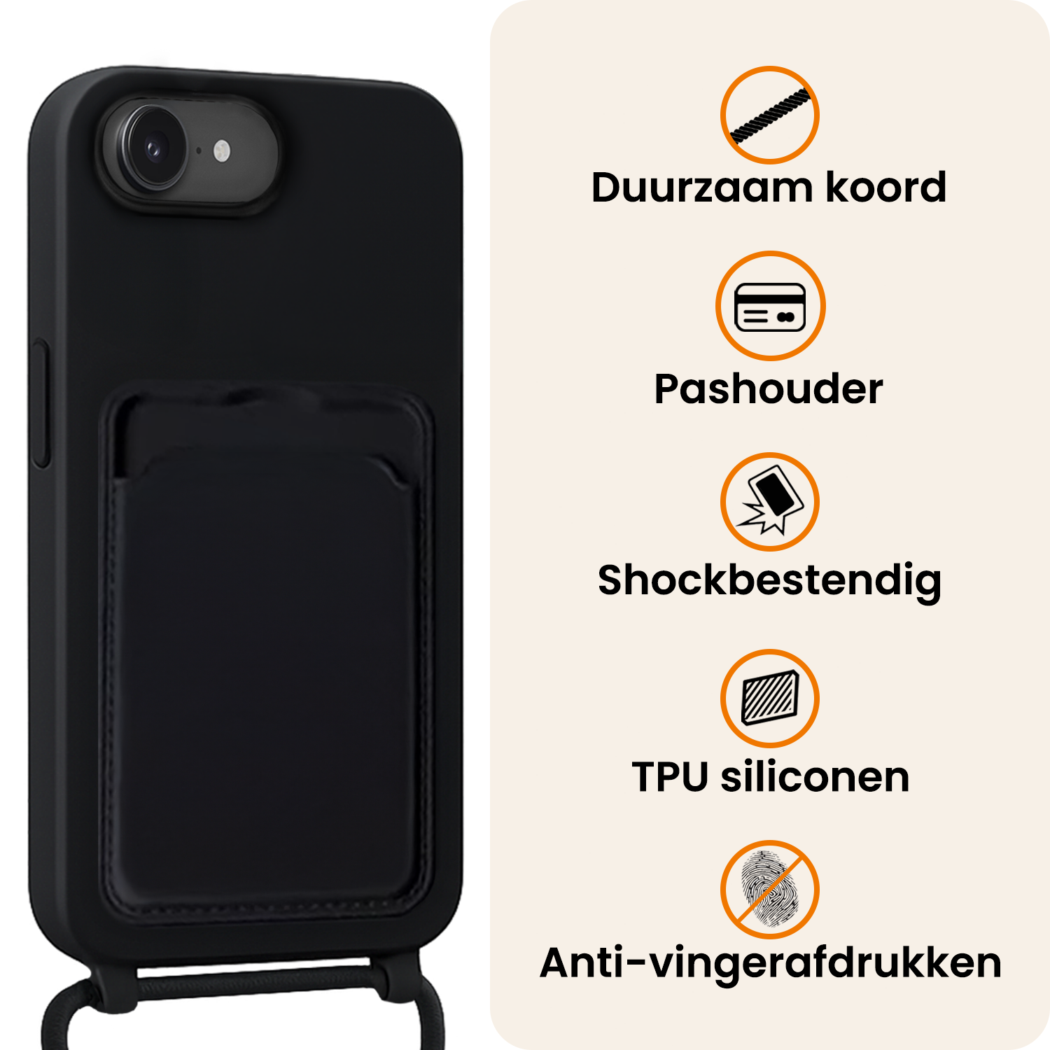 Nomfy Nomfy iPhone 17e Hoesje Pashouder met Koord - Zwart - 2 PACK