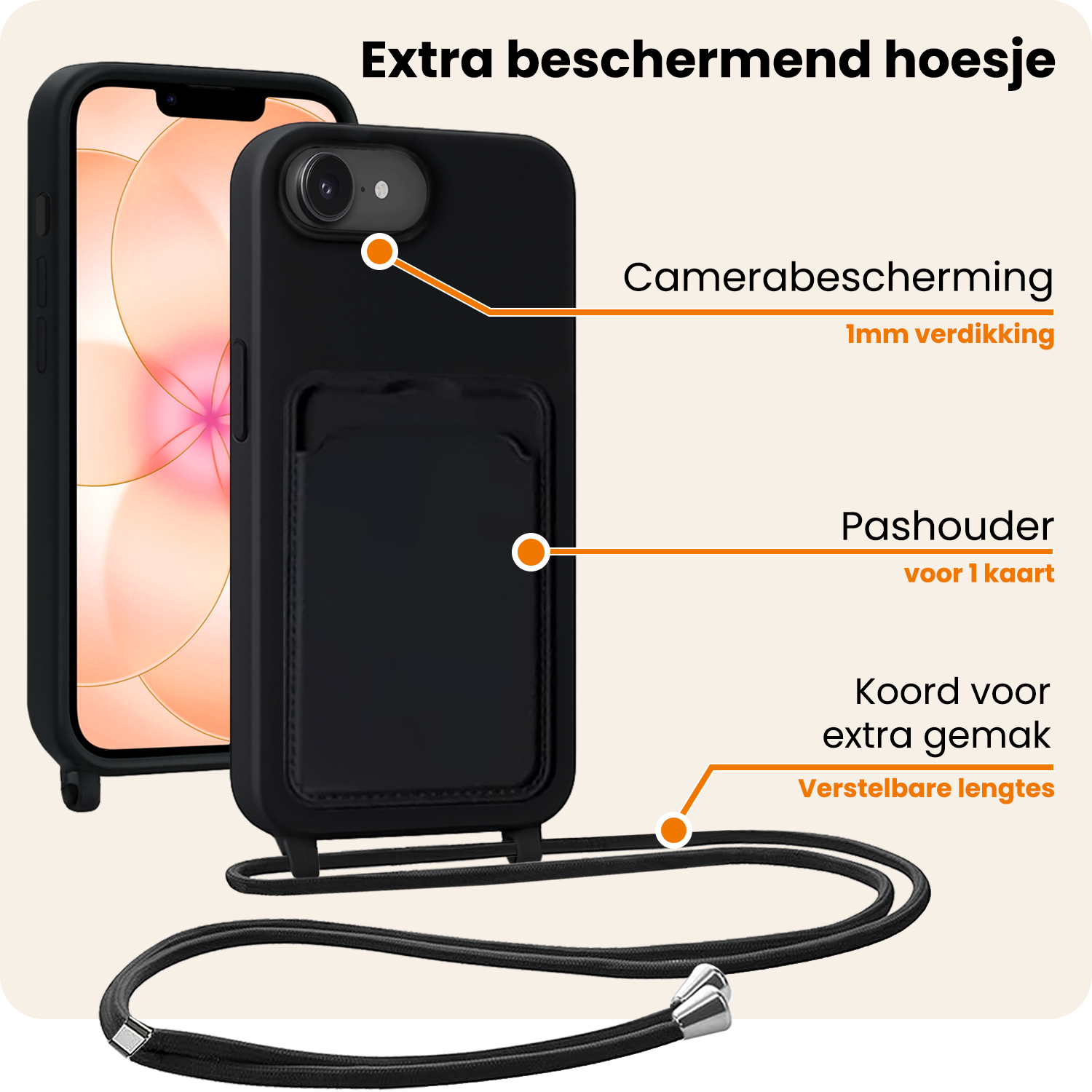 Nomfy Nomfy iPhone 17e Hoesje Pashouder met Koord Met Screenprotector - Zwart