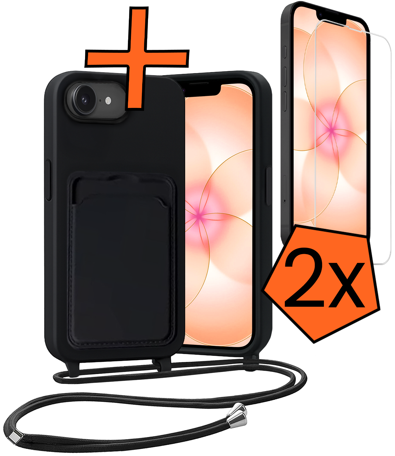 Nomfy Nomfy iPhone 17e Hoesje Pashouder met Koord Met 2x Screenprotector - Zwart