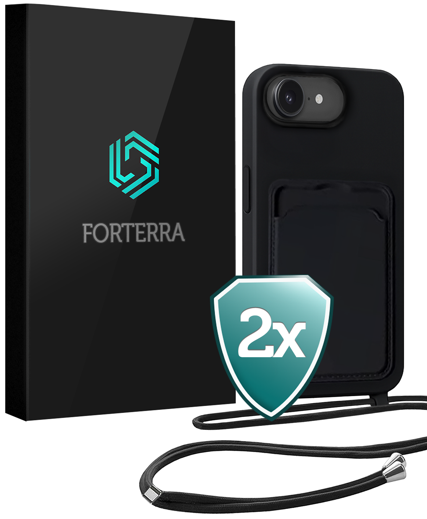 Forterra Forterra iPhone 17e Hoesje Pashouder met Koord - Zwart - 2 PACK