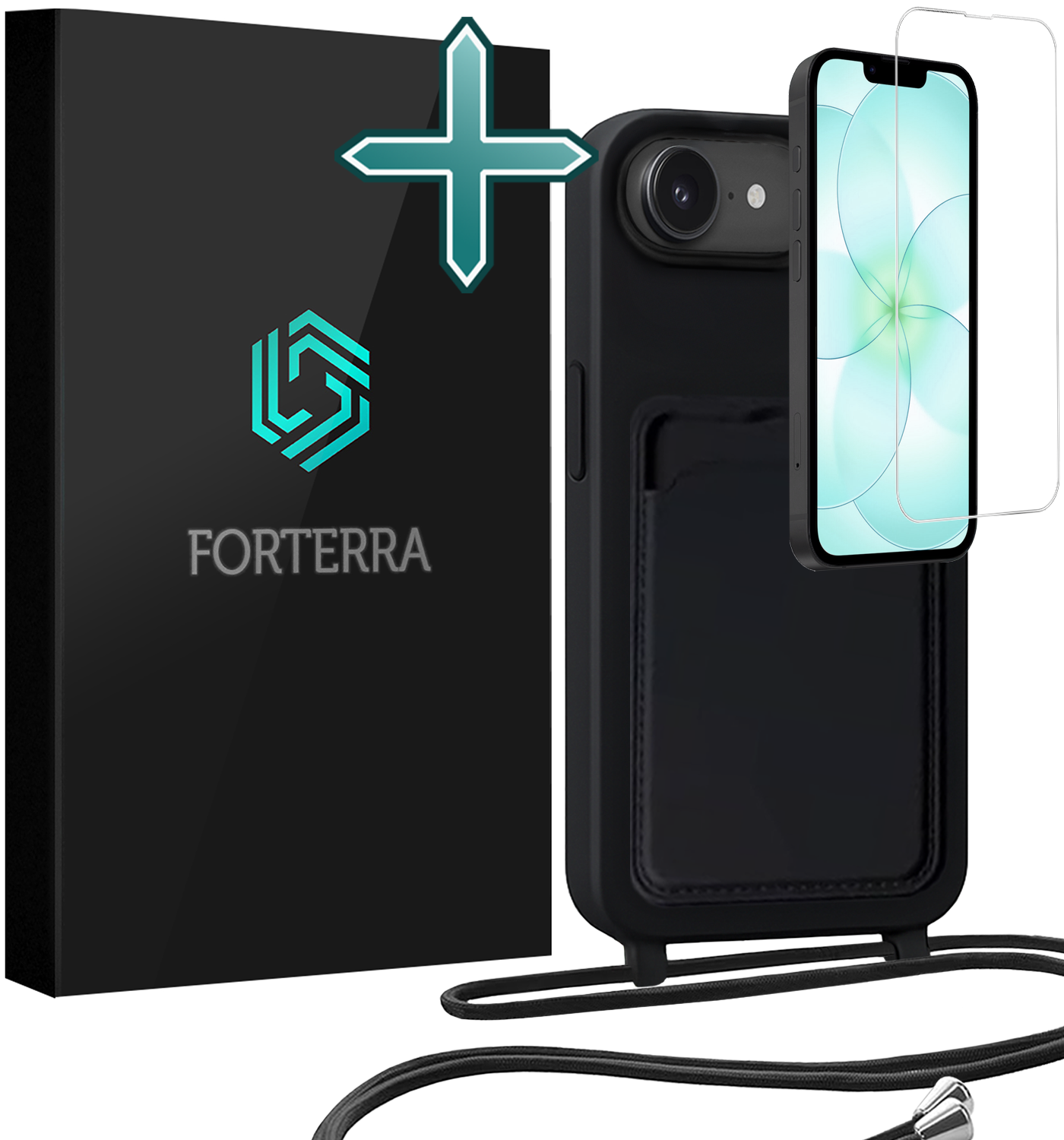 Forterra Forterra iPhone 17e Hoesje Pashouder met Koord Met Screenprotector - Zwart