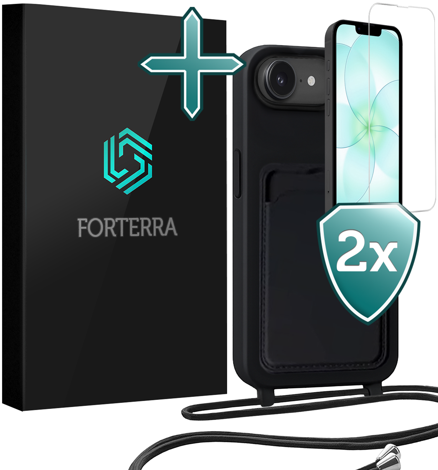Forterra Forterra iPhone 17e Hoesje Pashouder met Koord Met 2x Screenprotector - Zwart
