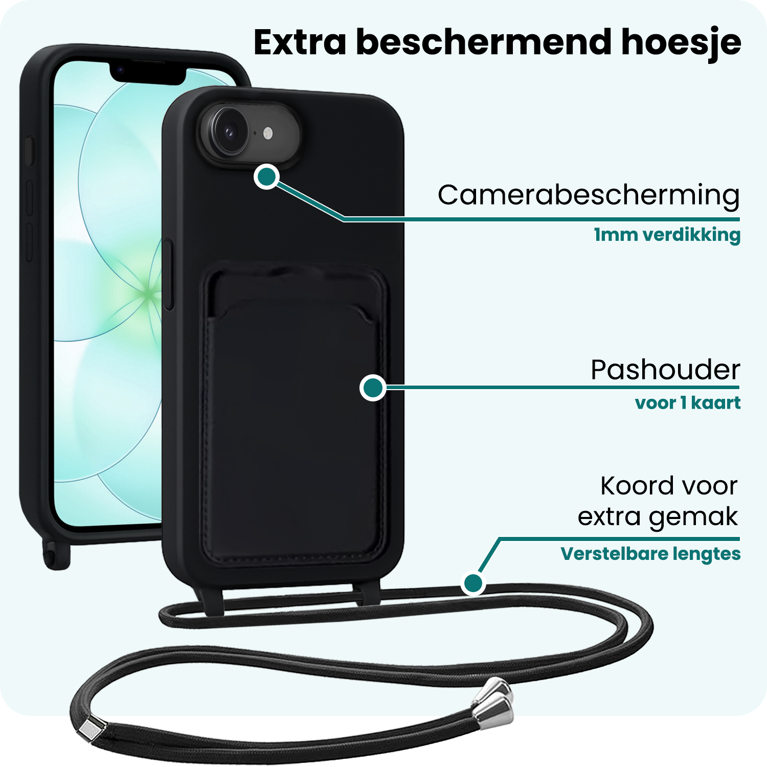 Forterra Forterra iPhone 17e Hoesje Pashouder met Koord Met 2x Screenprotector - Zwart