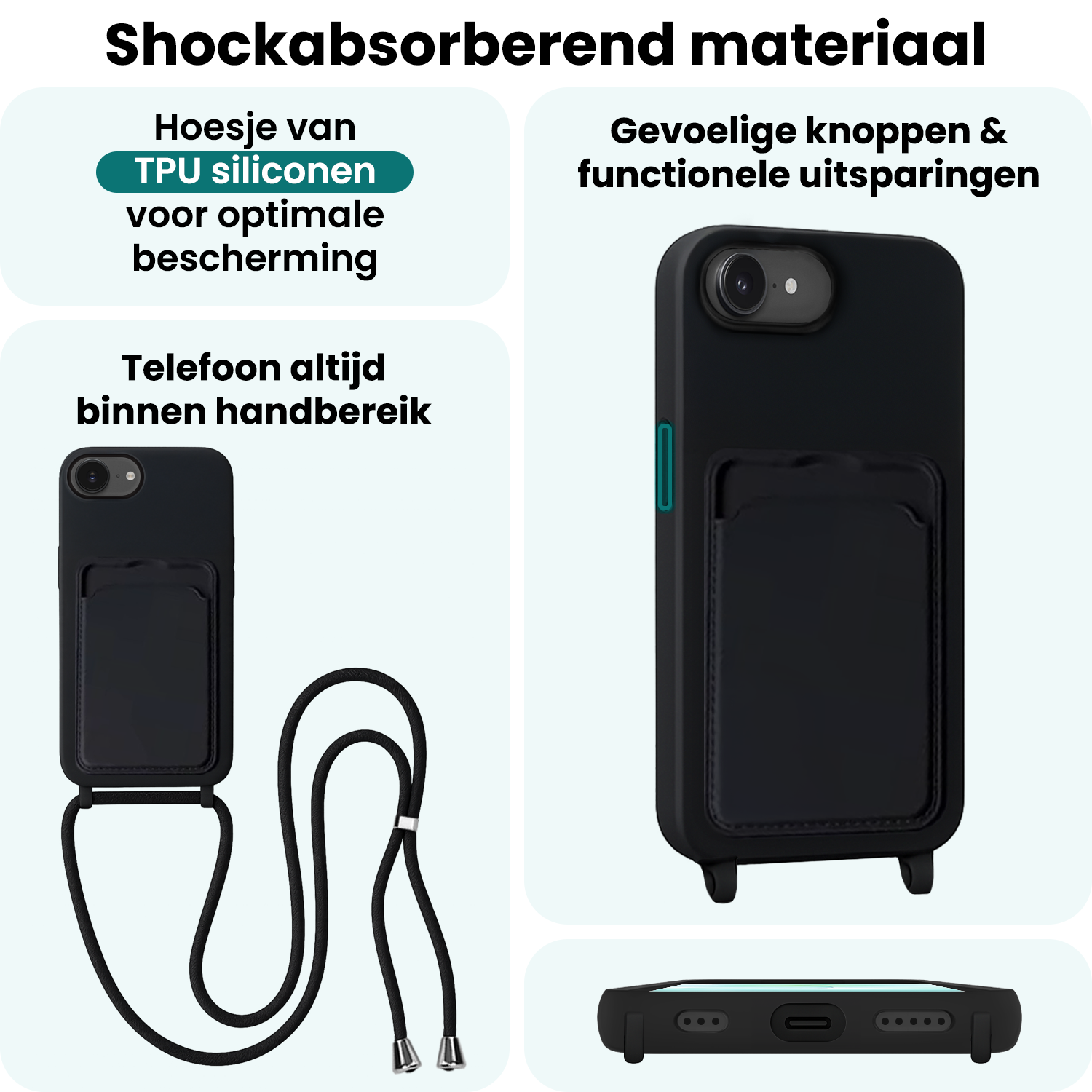 Forterra Forterra iPhone 17e Hoesje Pashouder met Koord Met 2x Screenprotector - Zwart