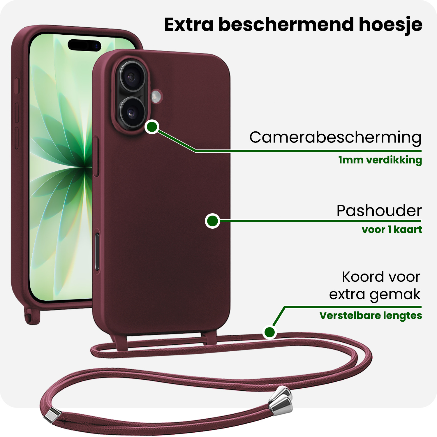 BASEY. BASEY. iPhone 17 Hoesje met Koord Met Screenprotector - Aubergine
