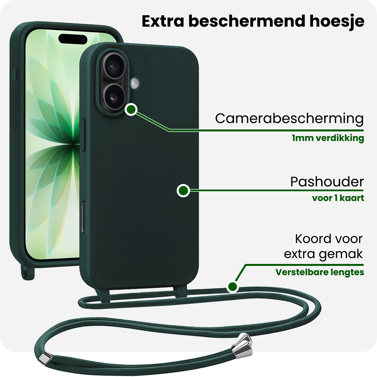 BASEY. BASEY. iPhone 17 Hoesje met Koord Met 2x Screenprotector - Donkergroen