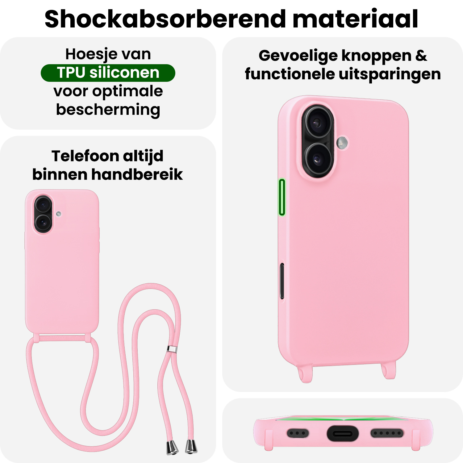 BASEY. BASEY. iPhone 17 Hoesje met Koord Met Screenprotector - Lichtroze