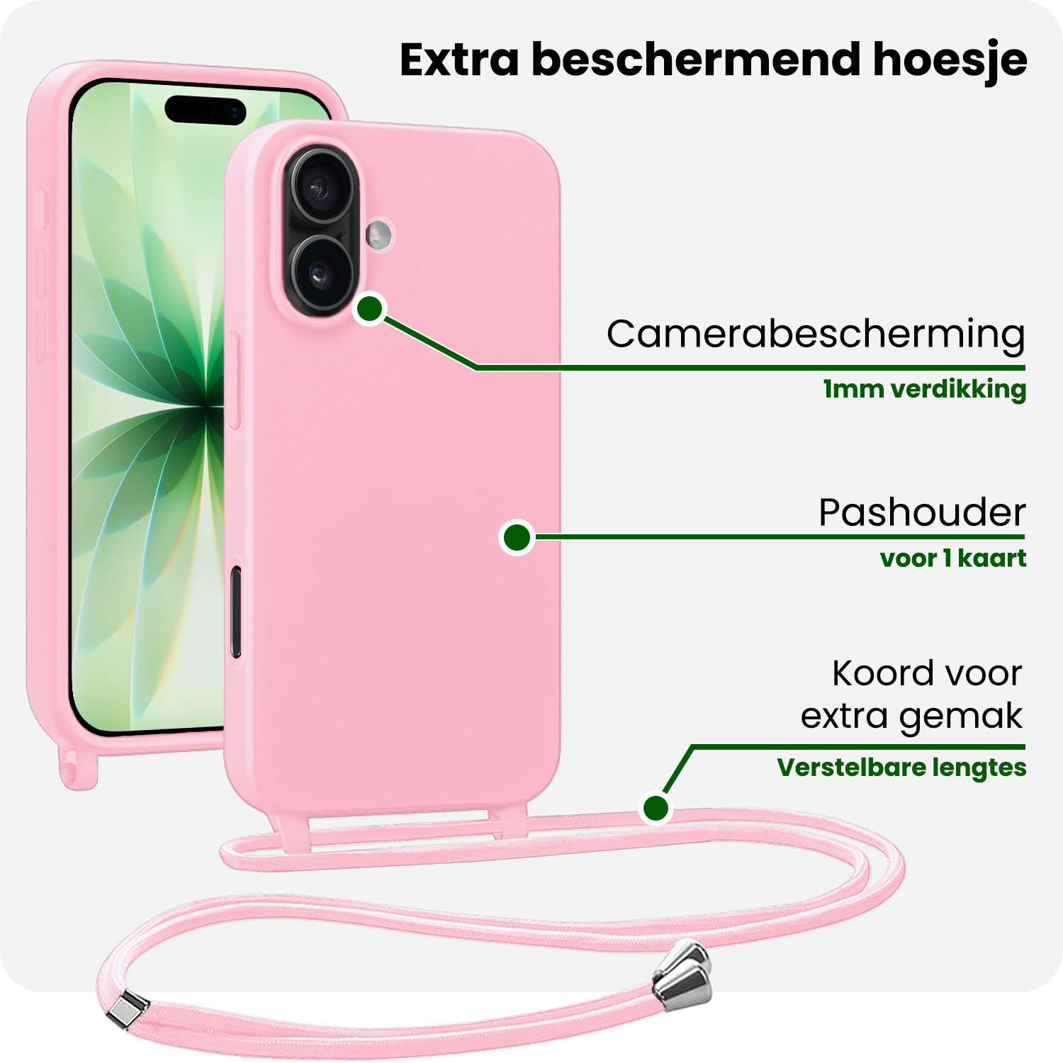 BASEY. BASEY. iPhone 17 Hoesje met Koord Met 2x Screenprotector - Lichtroze
