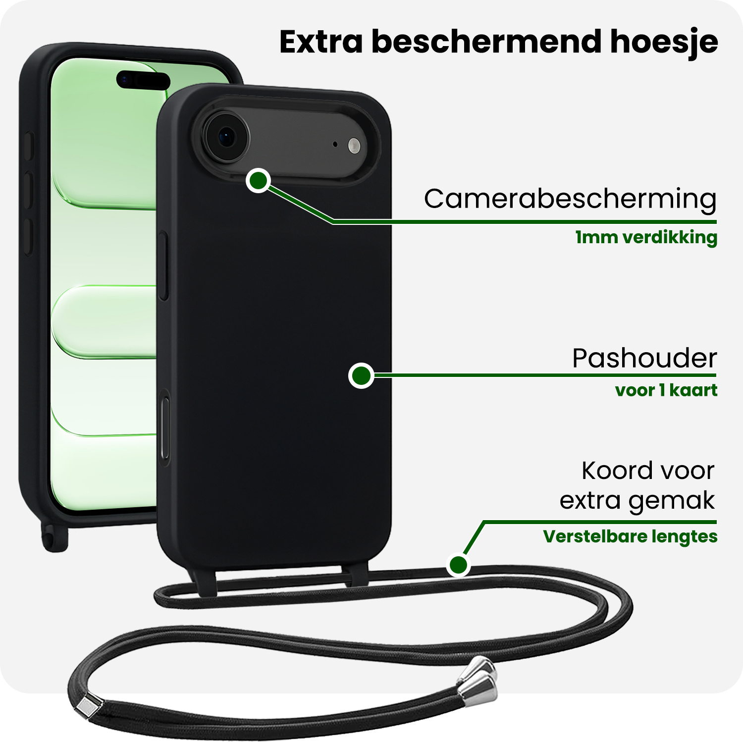 BASEY. BASEY. iPhone Air Hoesje met Koord Met Screenprotector - Zwart