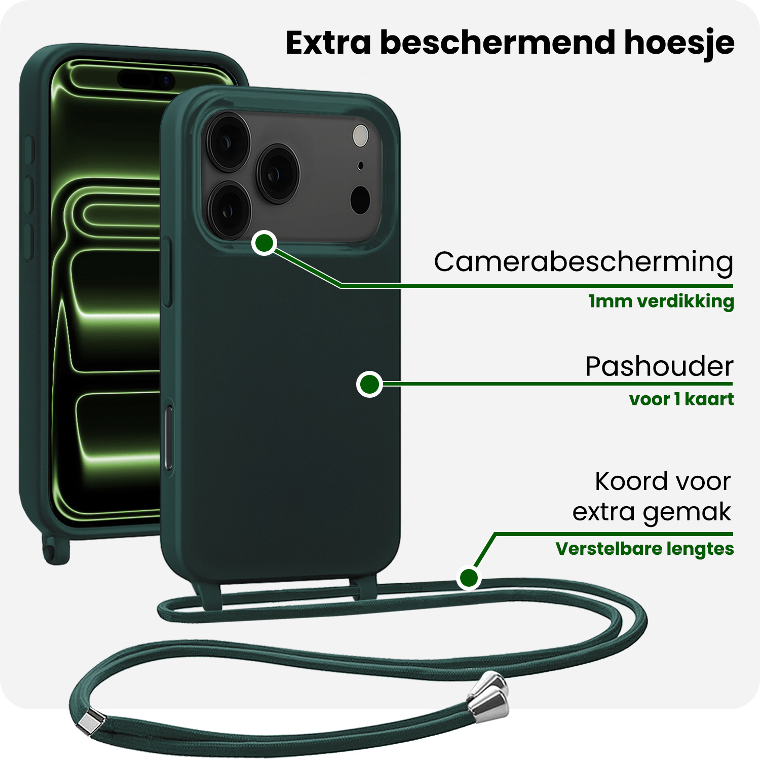 BASEY. BASEY. iPhone 17 Pro Max Hoesje met Koord Met Screenprotector - Donkergroen