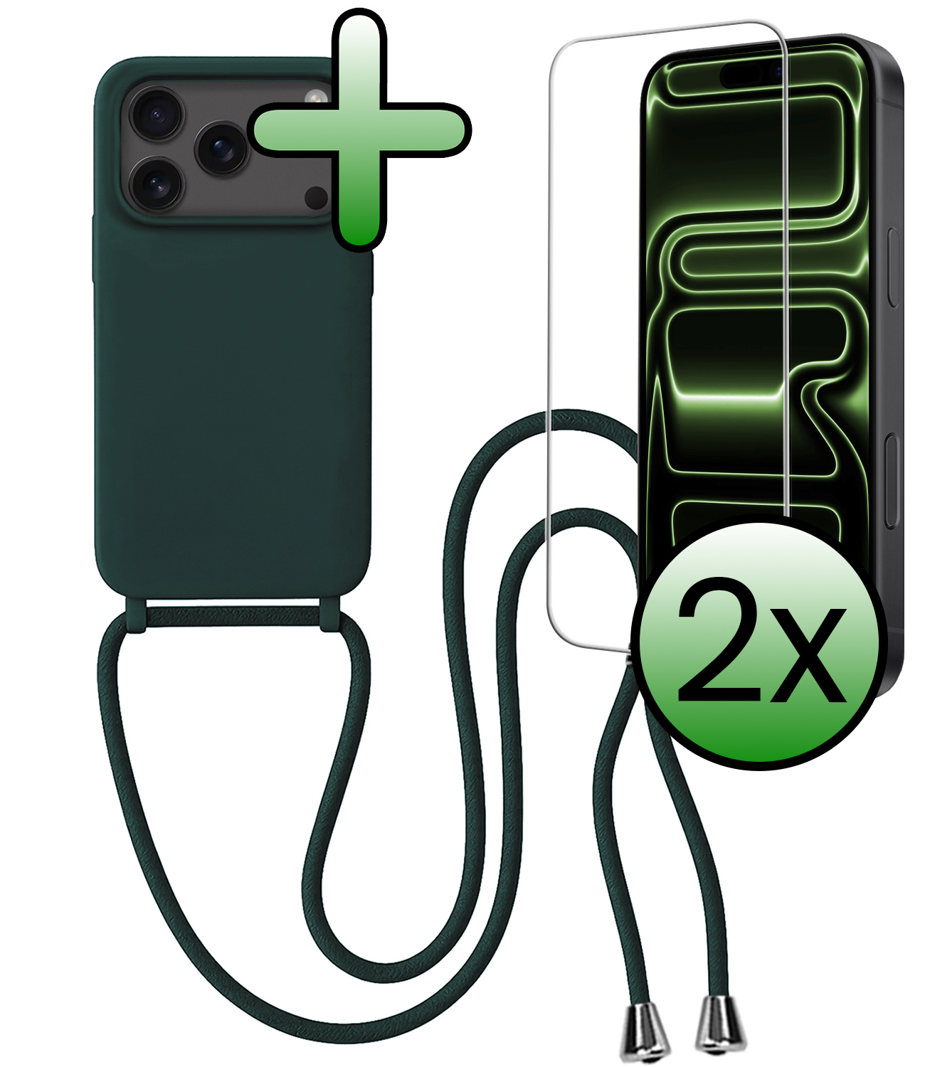 BASEY. BASEY. iPhone 17 Pro Max Hoesje met Koord Met 2x Screenprotector - Donkergroen