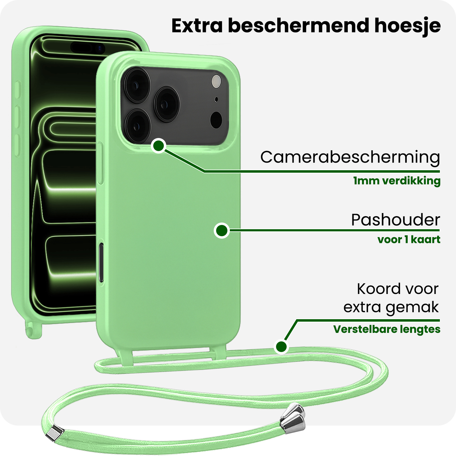 BASEY. BASEY. iPhone 17 Pro Max Hoesje met Koord Met 2x Screenprotector - Groen