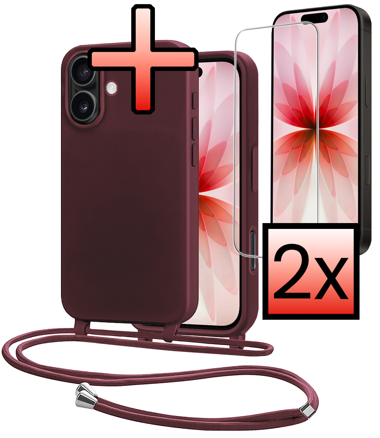 NoXx NoXx iPhone 17 Hoesje met Koord Met 2x Screenprotector - Aubergine