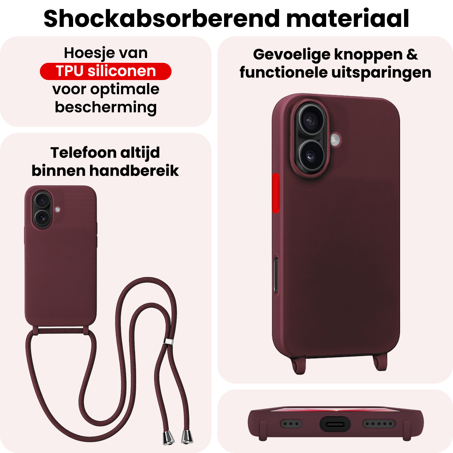NoXx NoXx iPhone 17 Hoesje met Koord Met 2x Screenprotector - Aubergine
