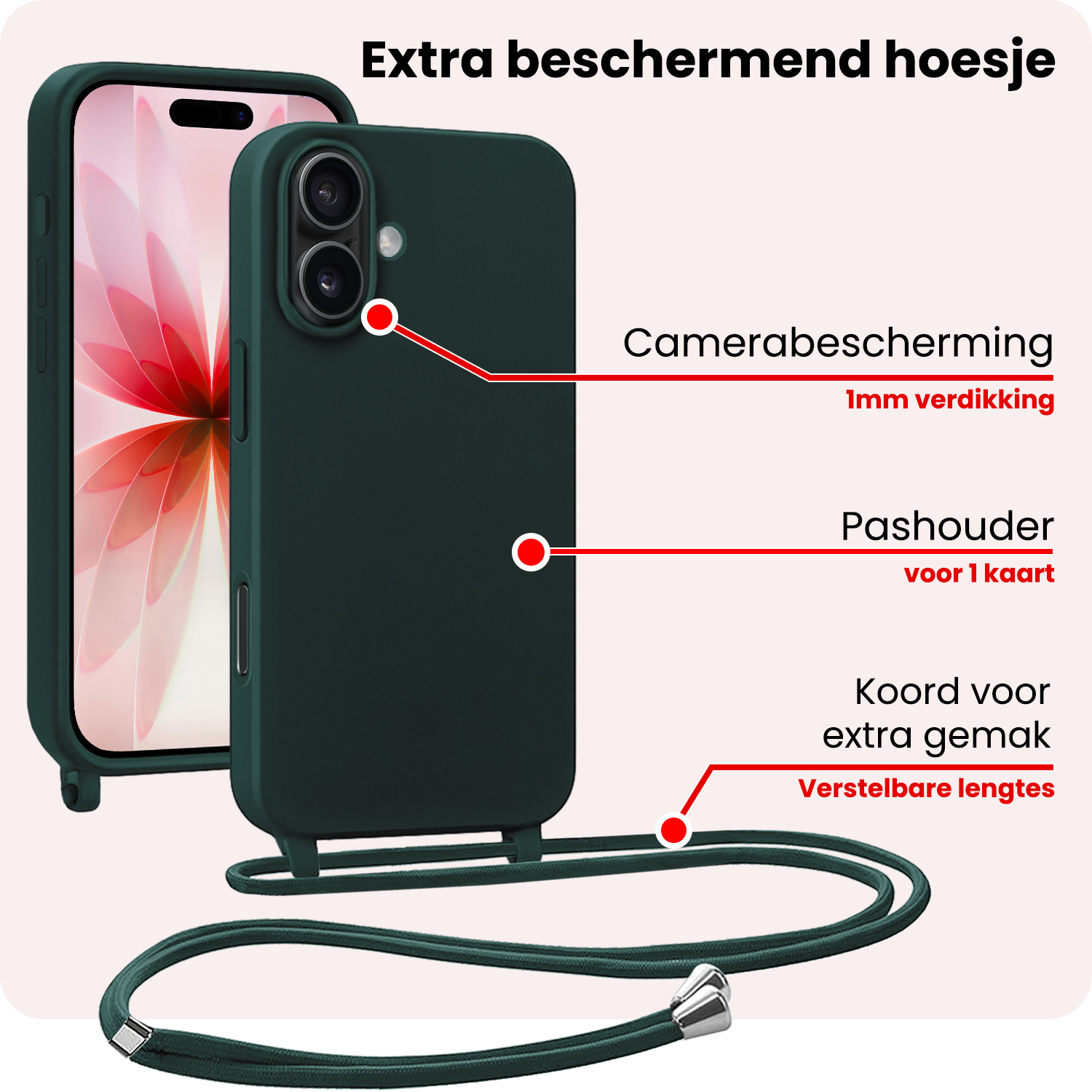 NoXx NoXx iPhone 17 Hoesje met Koord Met 2x Screenprotector - Donkergroen