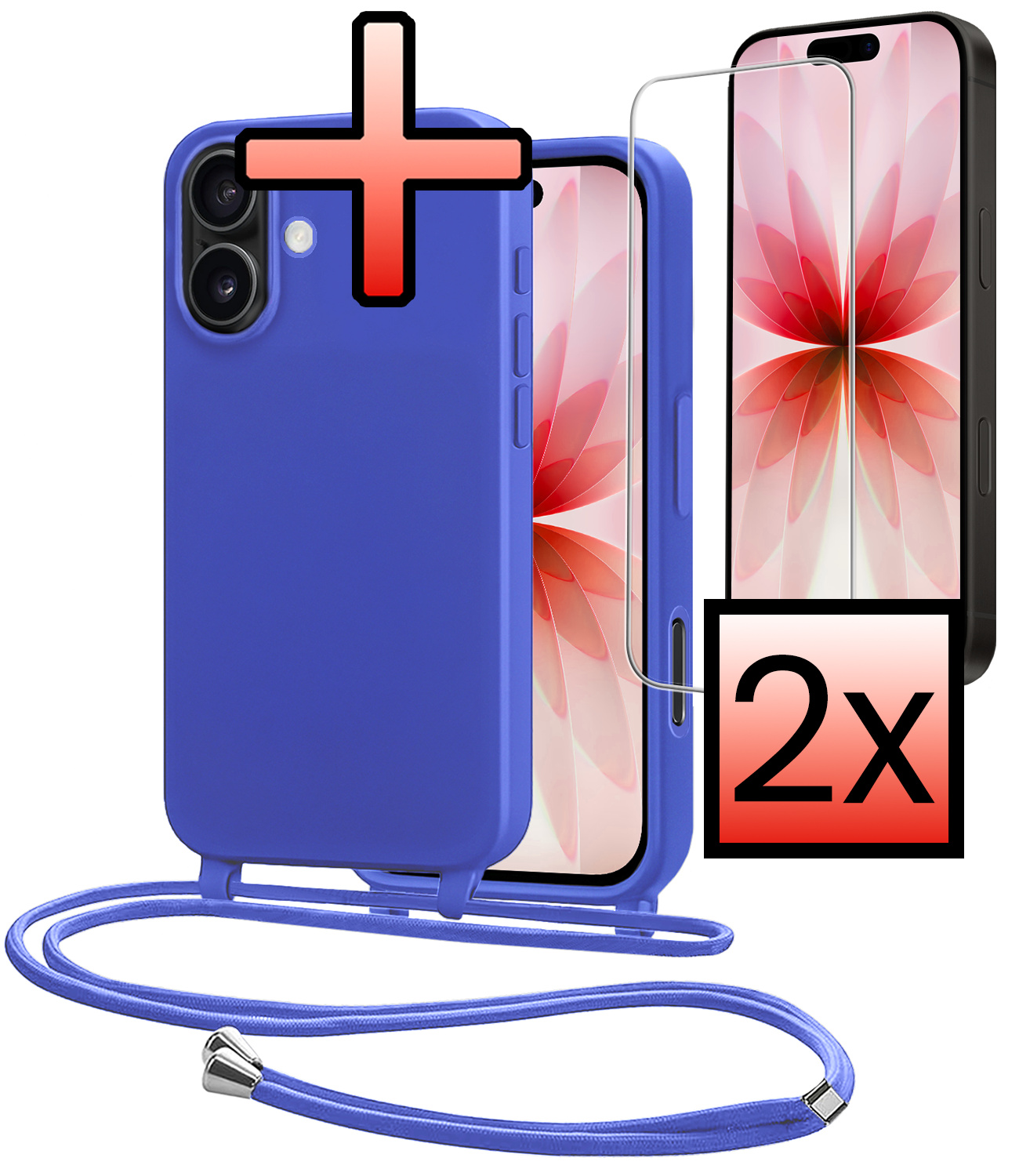 NoXx NoXx iPhone 17 Hoesje met Koord Met 2x Screenprotector - Fel Blauw