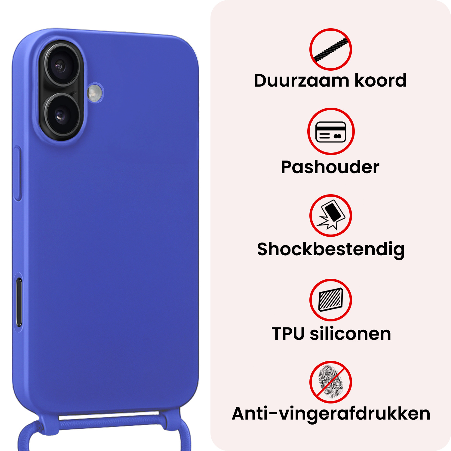 NoXx NoXx iPhone 17 Hoesje met Koord Met 2x Screenprotector - Fel Blauw