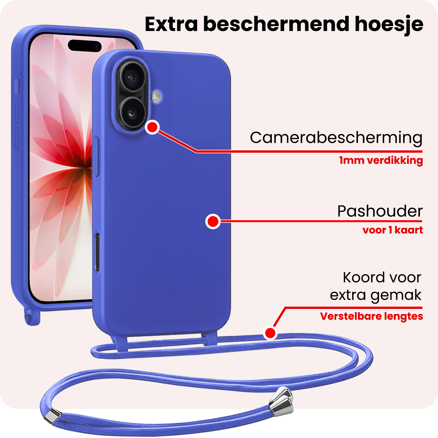 NoXx NoXx iPhone 17 Hoesje met Koord Met 2x Screenprotector - Fel Blauw
