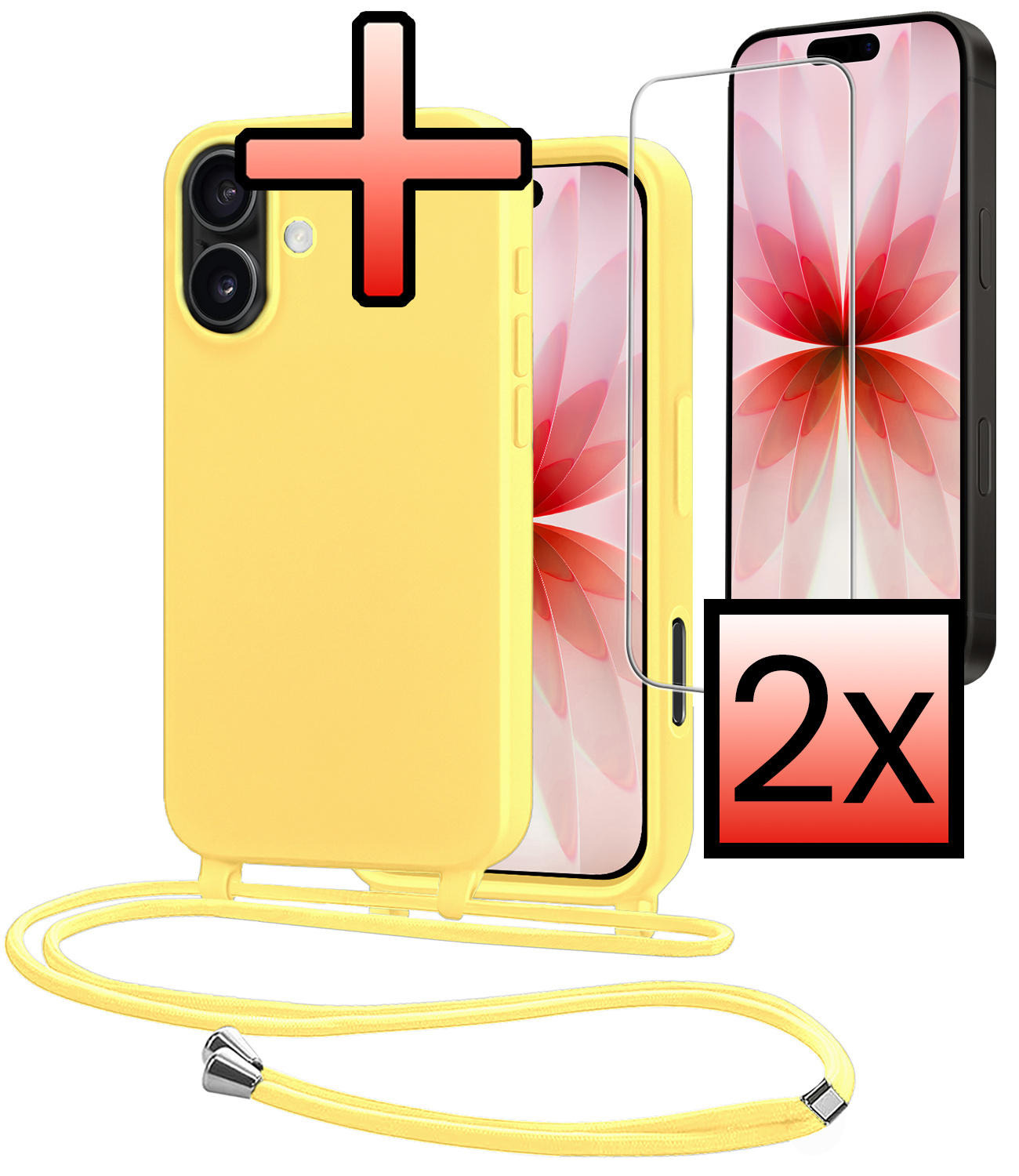 NoXx NoXx iPhone 17 Hoesje met Koord Met 2x Screenprotector - Geel