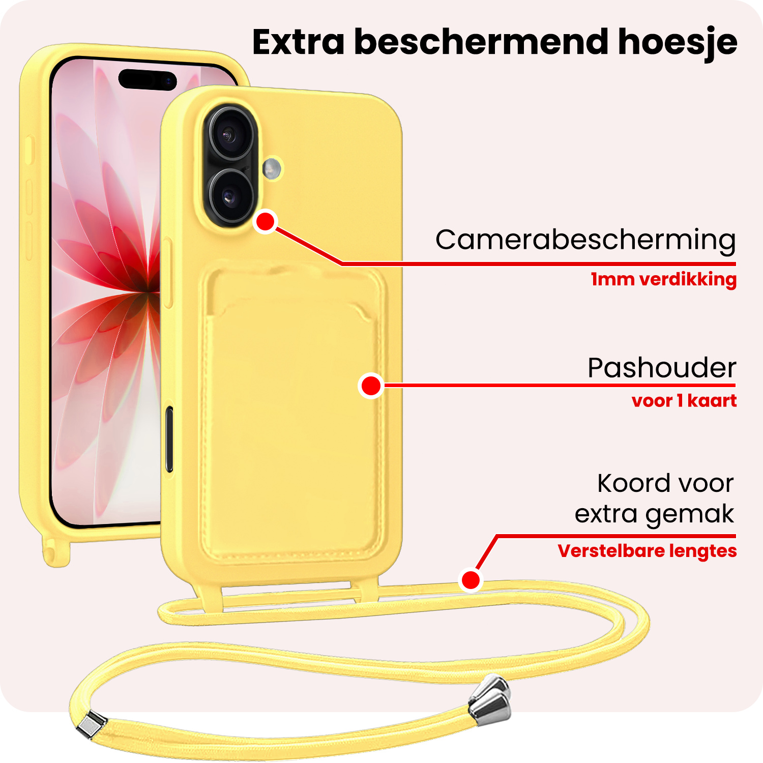 NoXx NoXx iPhone 17 Hoesje met Koord Met 2x Screenprotector - Geel