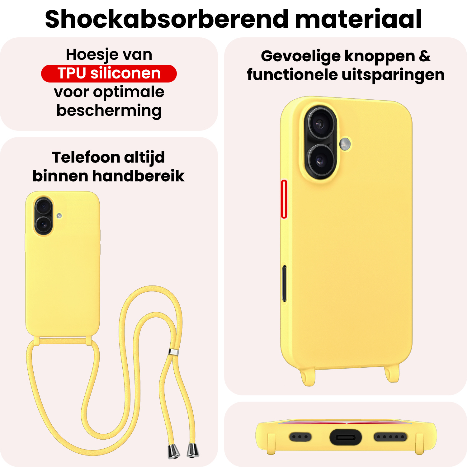 NoXx NoXx iPhone 17 Hoesje met Koord Met 2x Screenprotector - Geel