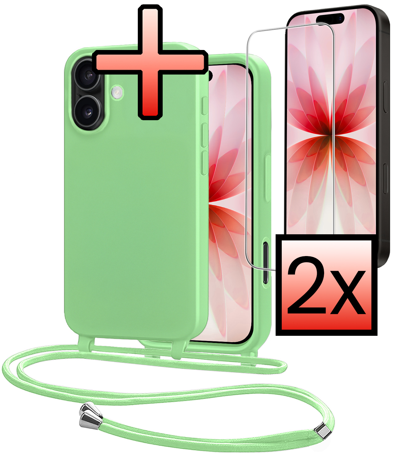 NoXx NoXx iPhone 17 Hoesje met Koord Met 2x Screenprotector - Groen
