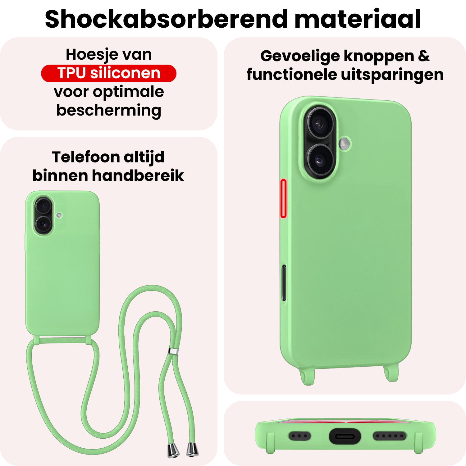 NoXx NoXx iPhone 17 Hoesje met Koord Met 2x Screenprotector - Groen