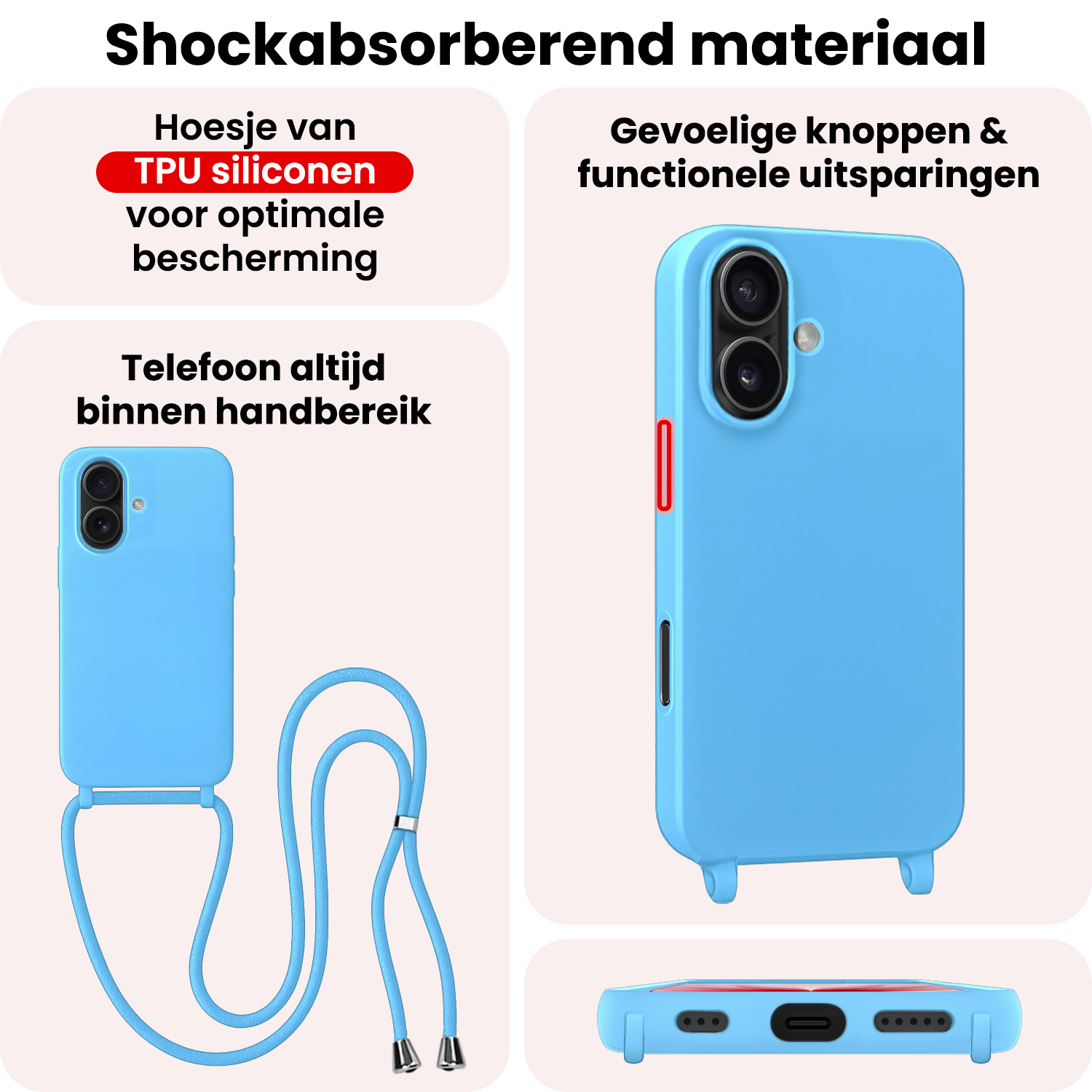 NoXx NoXx iPhone 17 Hoesje met Koord Met Screenprotector - Lichtblauw