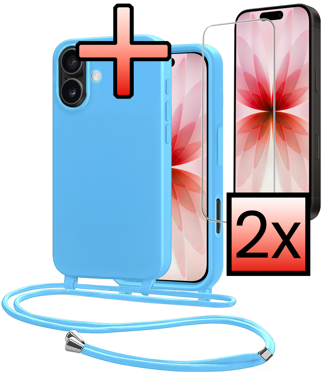 NoXx NoXx iPhone 17 Hoesje met Koord Met 2x Screenprotector - Lichtblauw