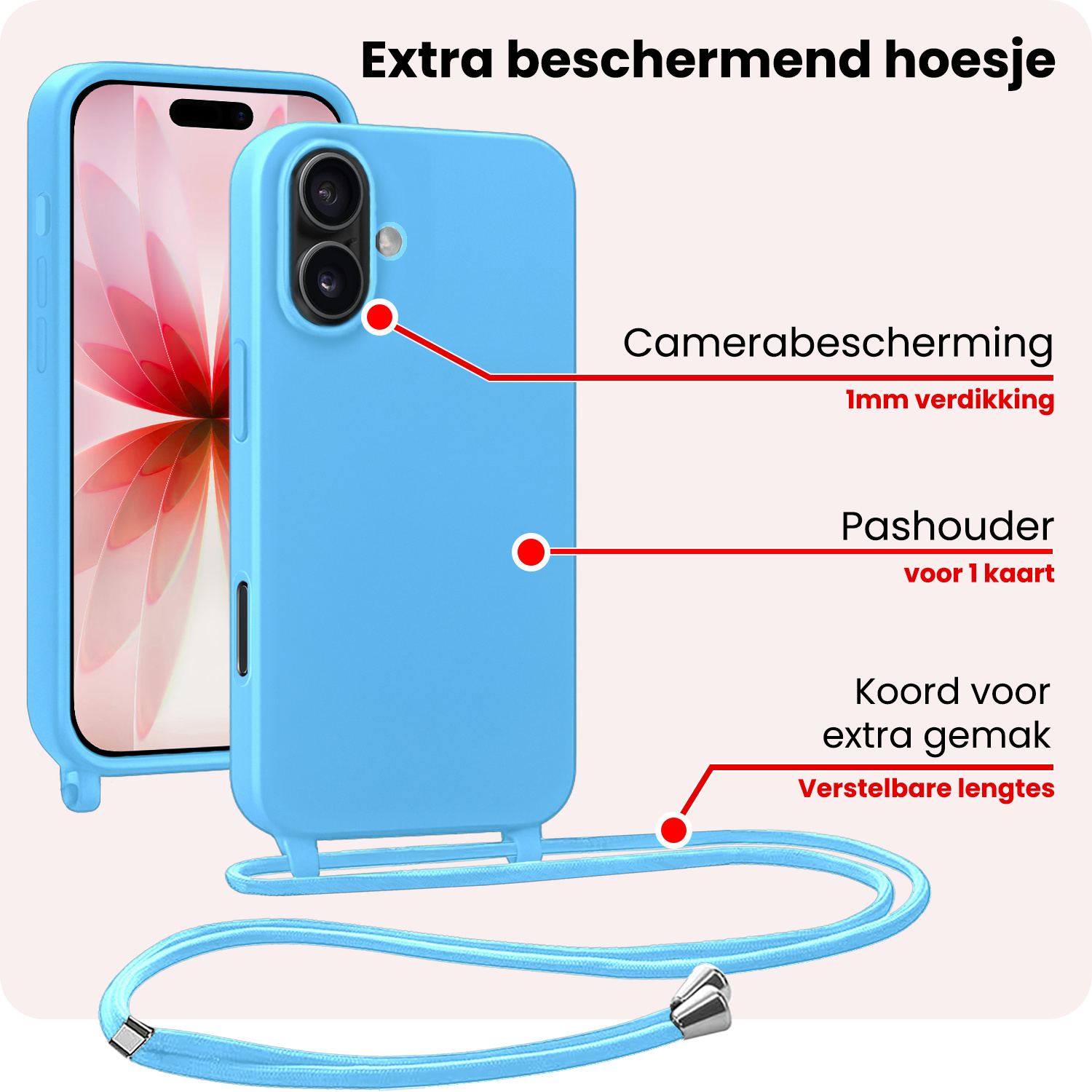 NoXx NoXx iPhone 17 Hoesje met Koord Met 2x Screenprotector - Lichtblauw