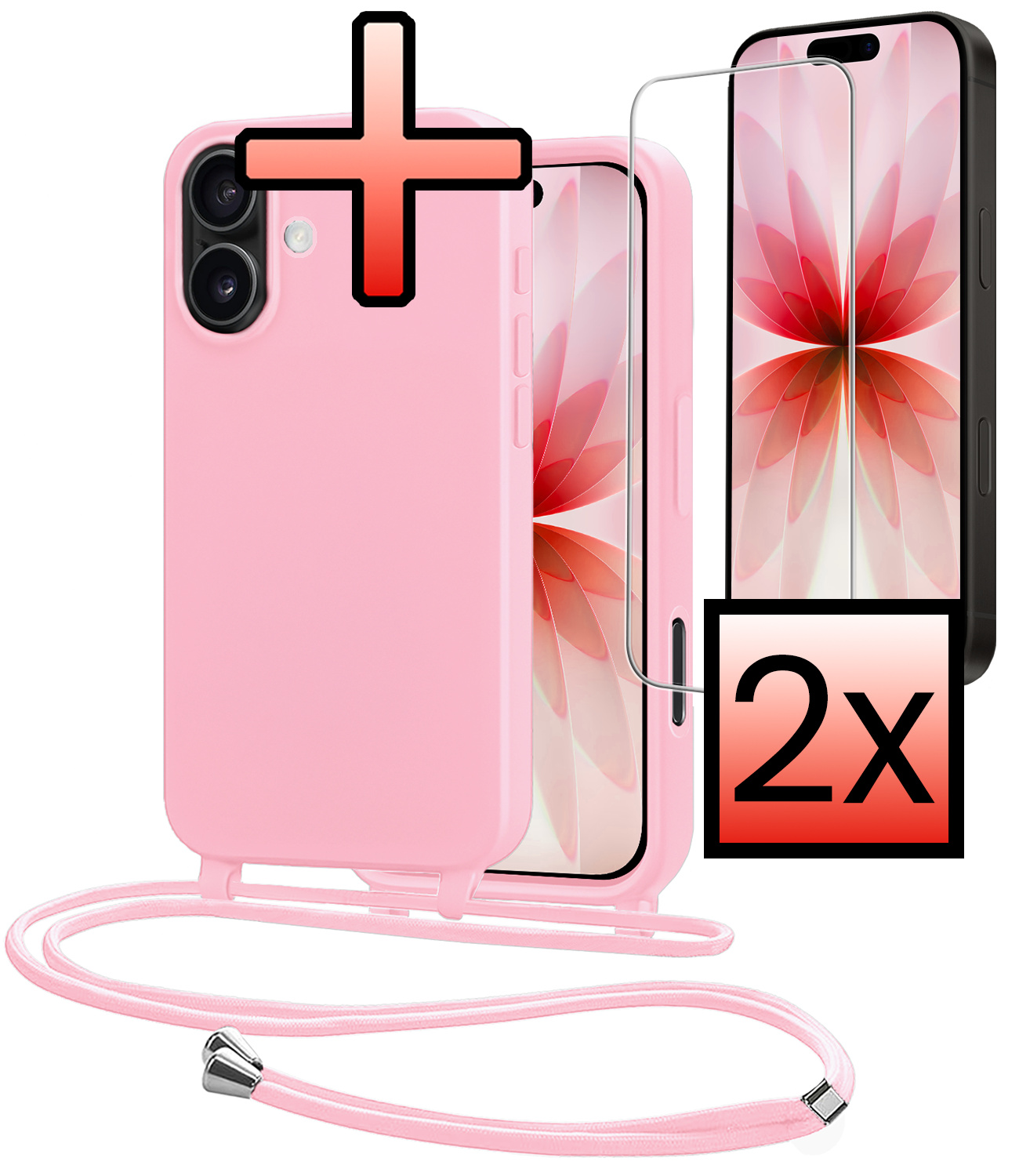 NoXx NoXx iPhone 17 Hoesje met Koord Met 2x Screenprotector - Lichtroze