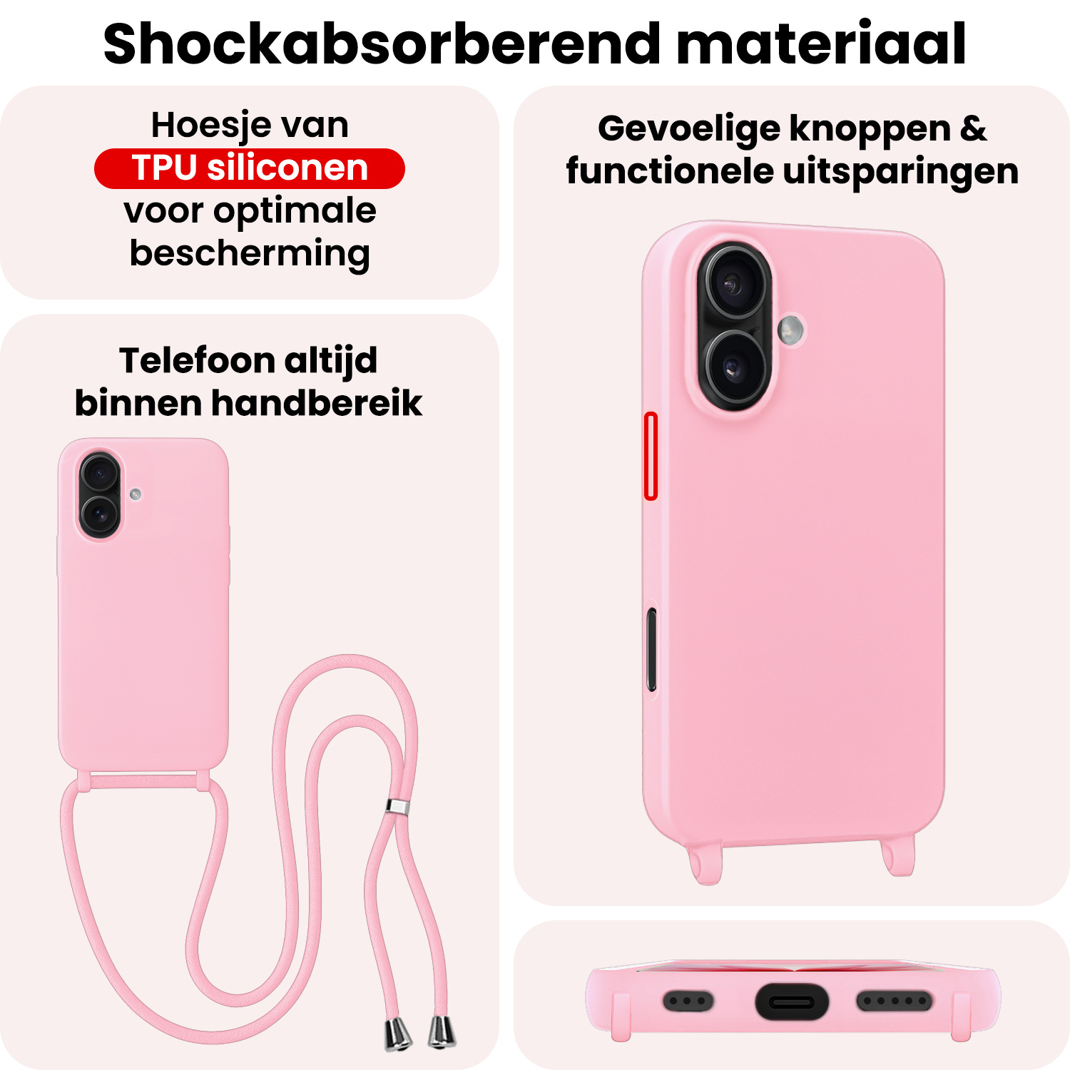 NoXx NoXx iPhone 17 Hoesje met Koord Met 2x Screenprotector - Lichtroze