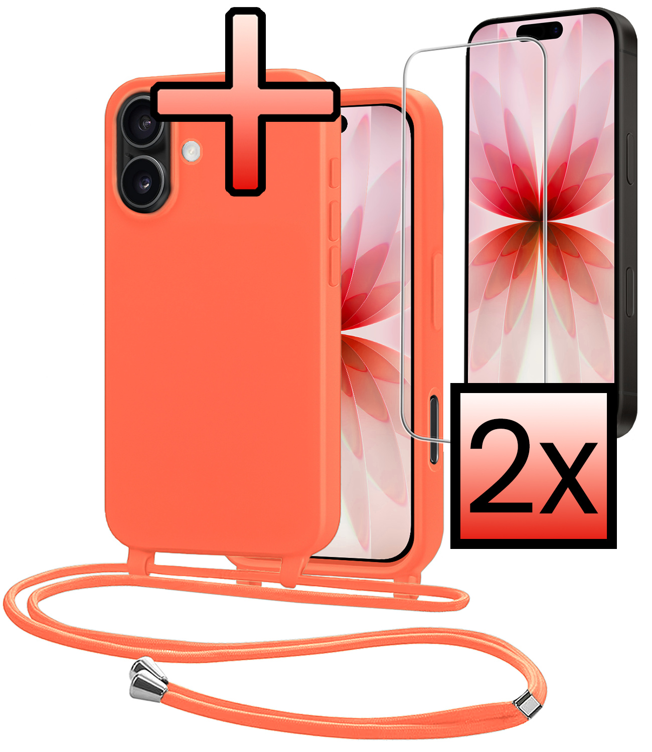 NoXx NoXx iPhone 17 Hoesje met Koord Met 2x Screenprotector - Papaya
