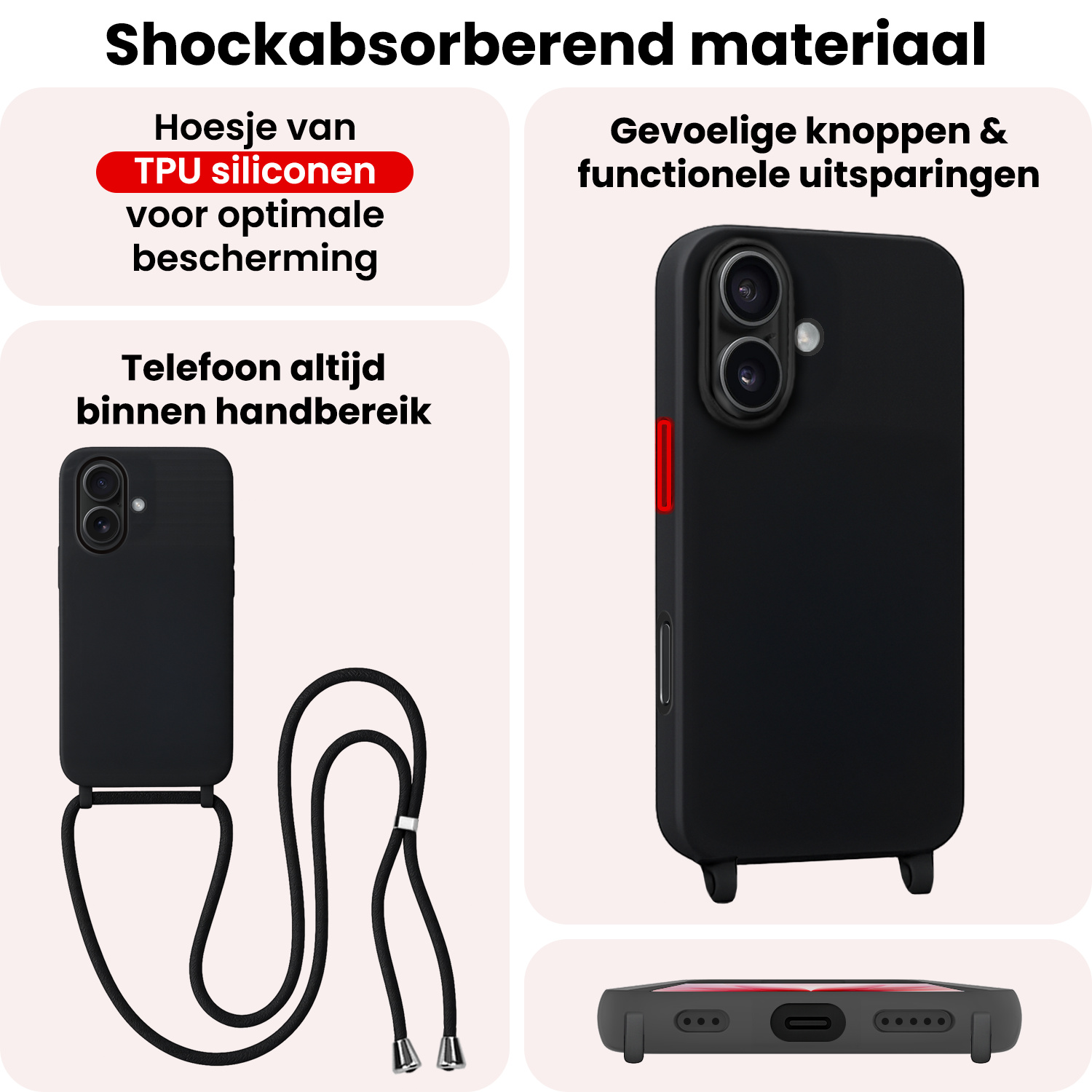 NoXx NoXx iPhone 17 Hoesje met Koord - Zwart - 2 PACK
